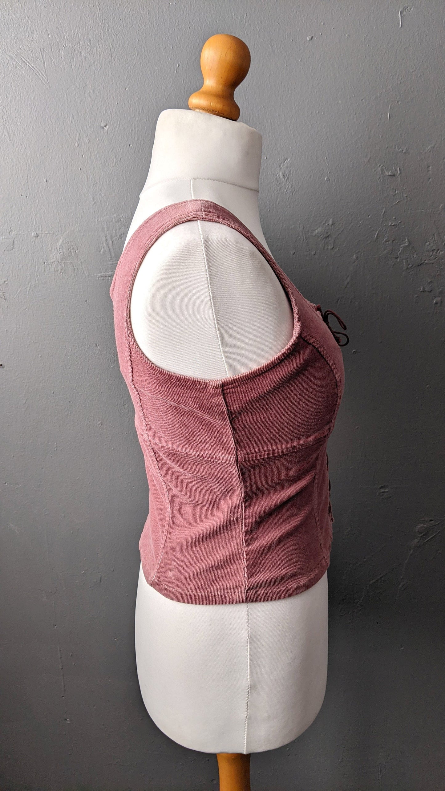 90s Pink Corduroy Bodice Vest with Front Lacing, Size Medium