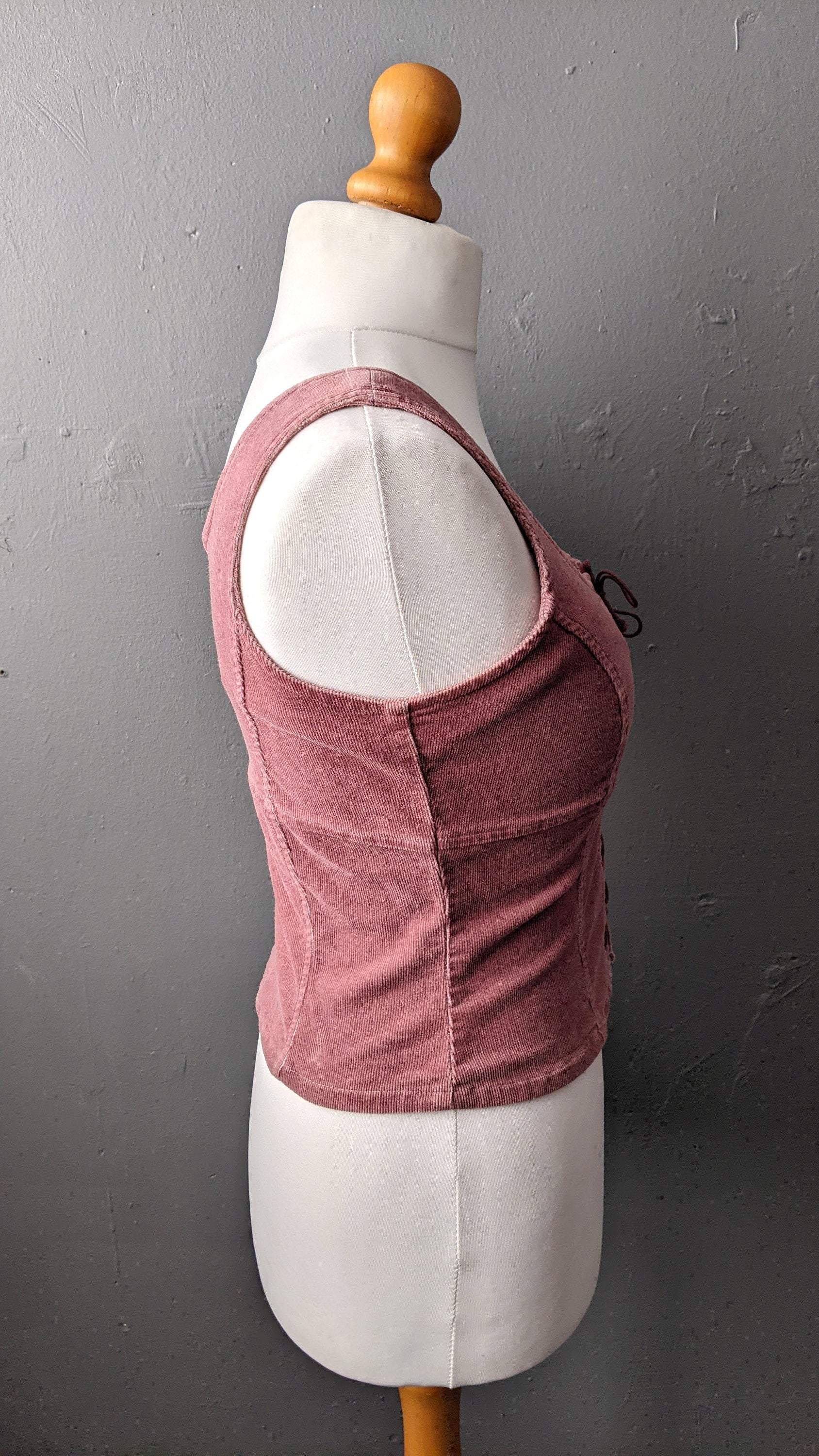 90s Pink Corduroy Bodice Vest with Front Lacing, Size Medium