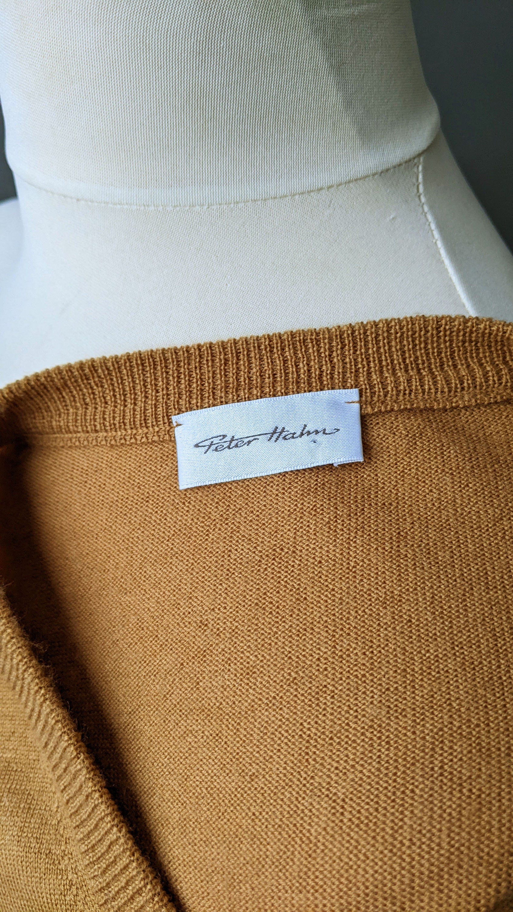Mens 90s Wool Tank Top by Peter Hahn, Caramel V Neck Knitted Vest, Size Large 46 Chest
