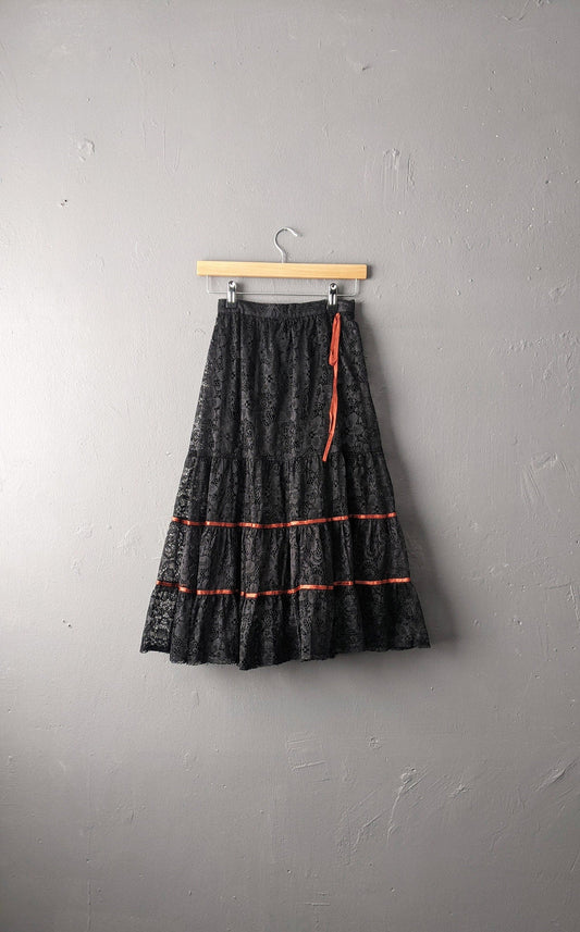 80s Black Tiered Lace Skirt by C&A, Gothic Gypsy, Dark Bohemian, Size Small