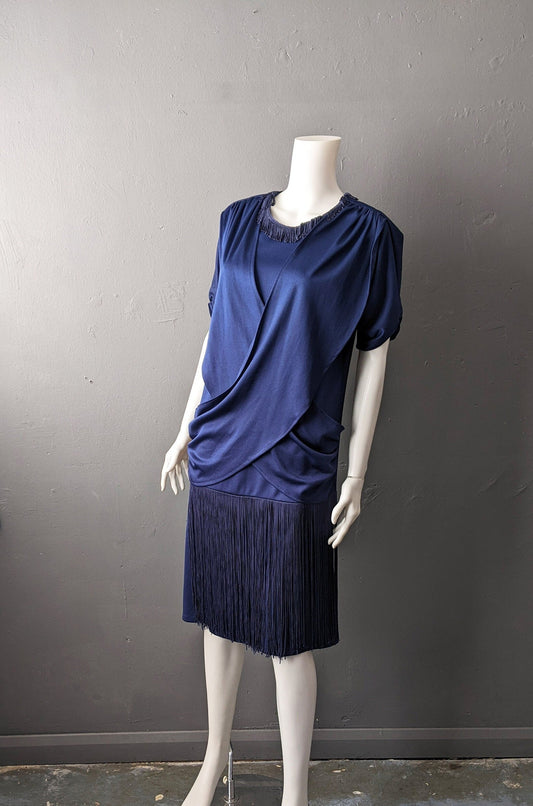 80s Flapper Fringe Dress, Draped Cocktail Dress, Size Medium