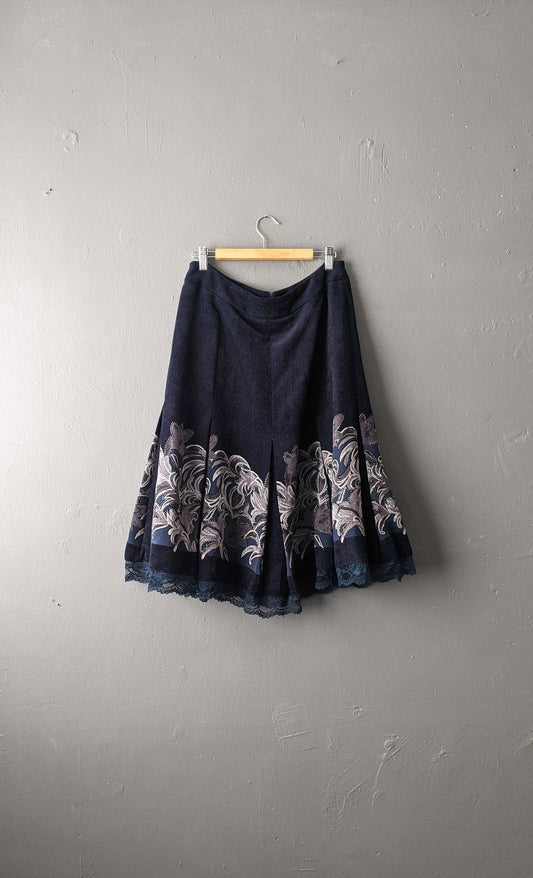 90s Faux Suede Midi Skirt, Bohemian Leafy Suedette, Size Medium