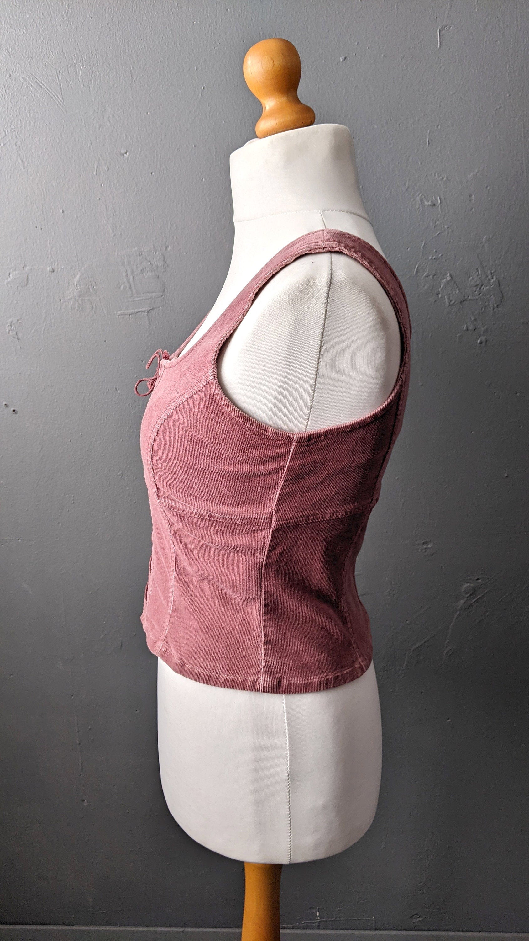 90s Pink Corduroy Bodice Vest with Front Lacing, Size Medium