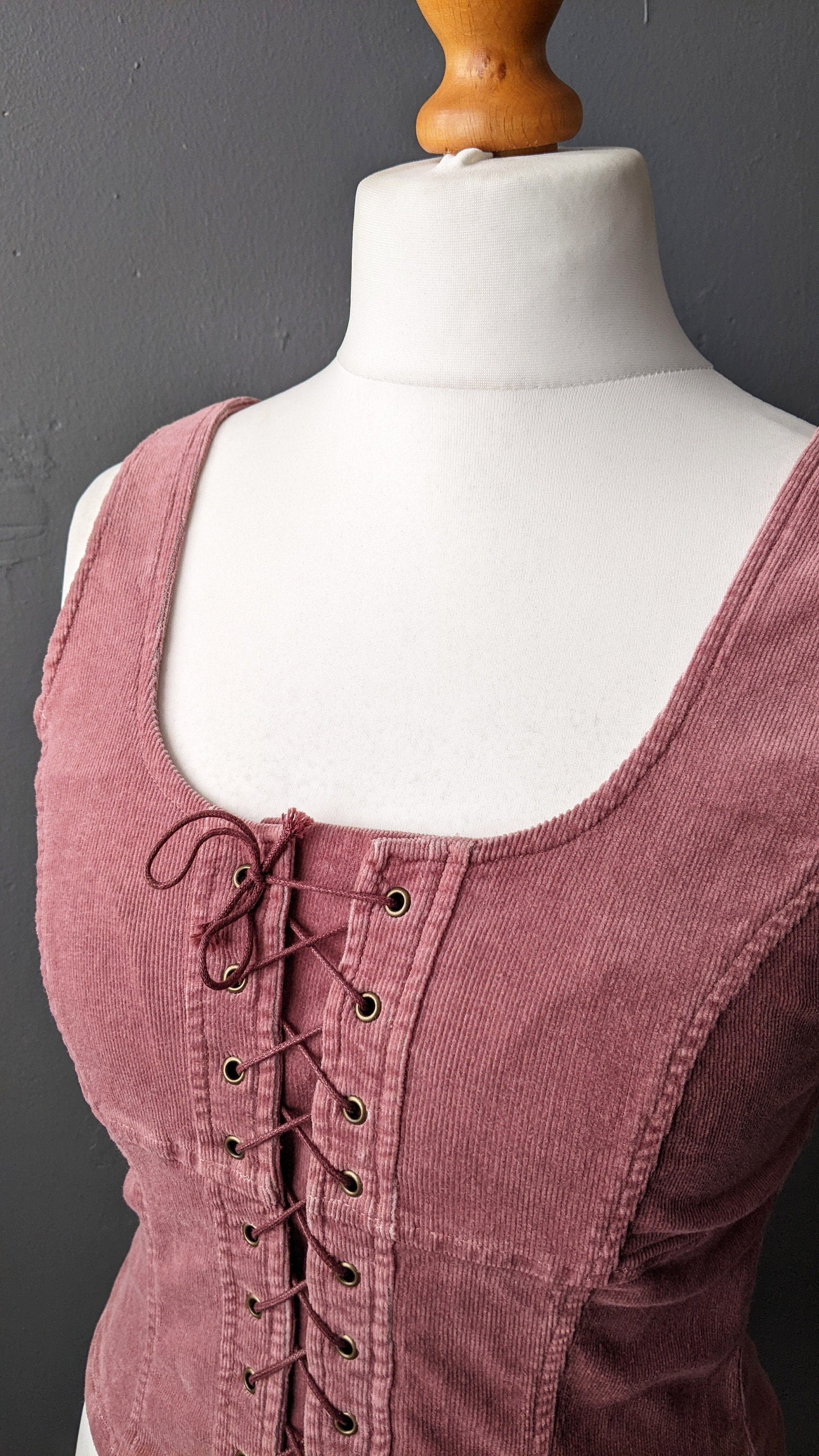 90s Pink Corduroy Bodice Vest with Front Lacing, Size Medium