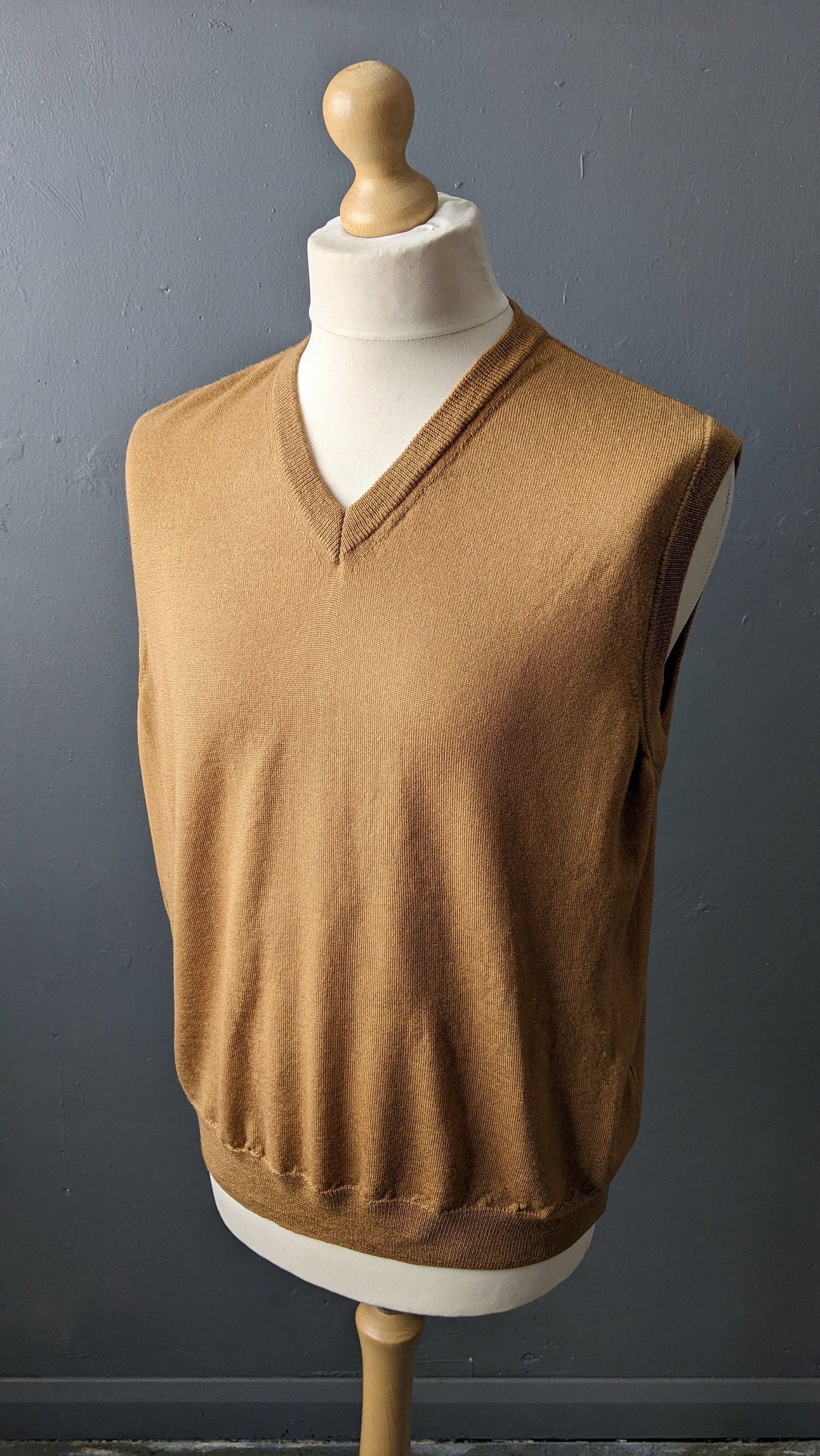 Mens 90s Wool Tank Top by Peter Hahn, Caramel V Neck Knitted Vest, Size Large 46 Chest