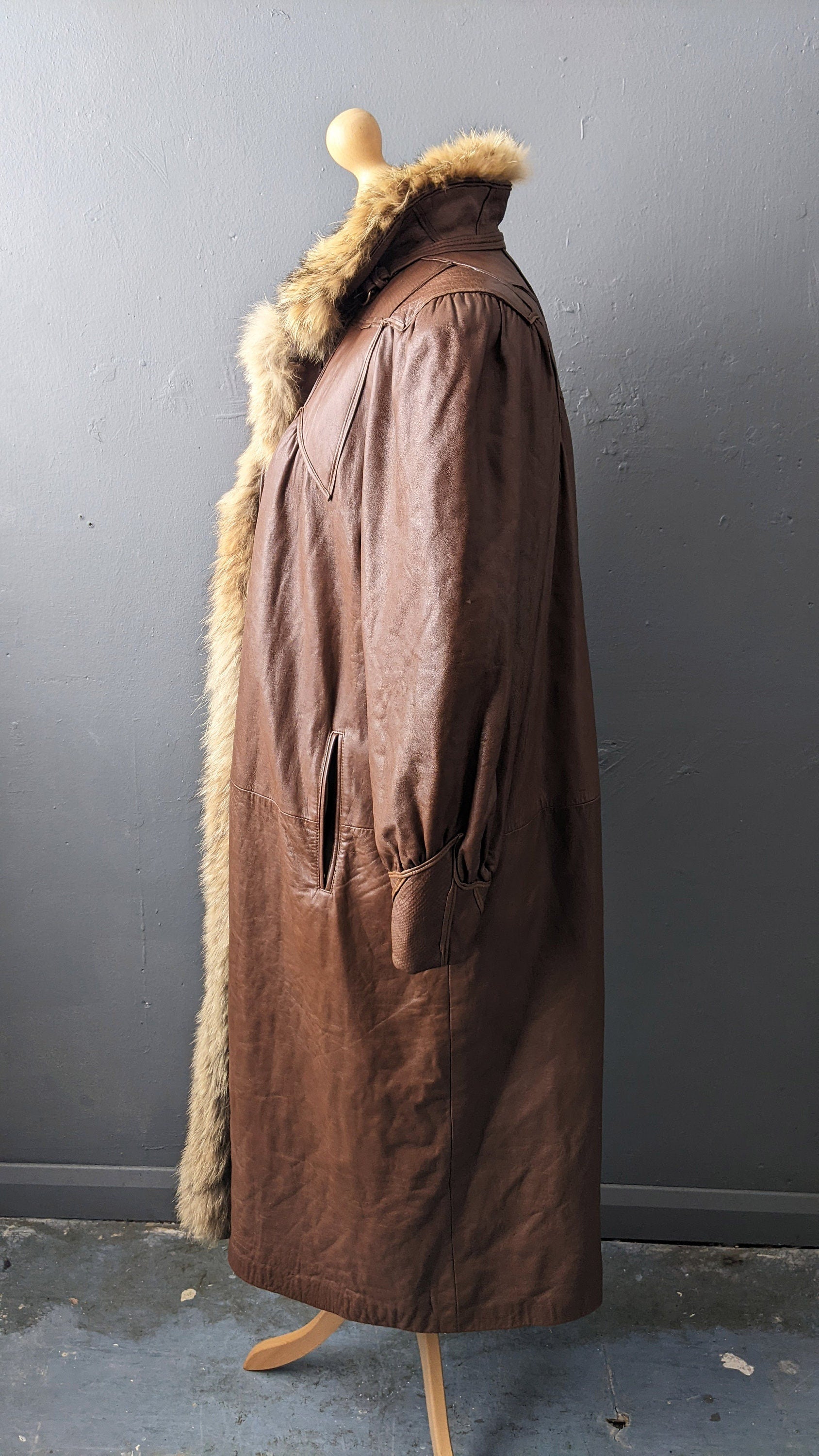 80s Fox Fur Leather Coat, Vintage Swing Jacket, Plus Size XL XXL