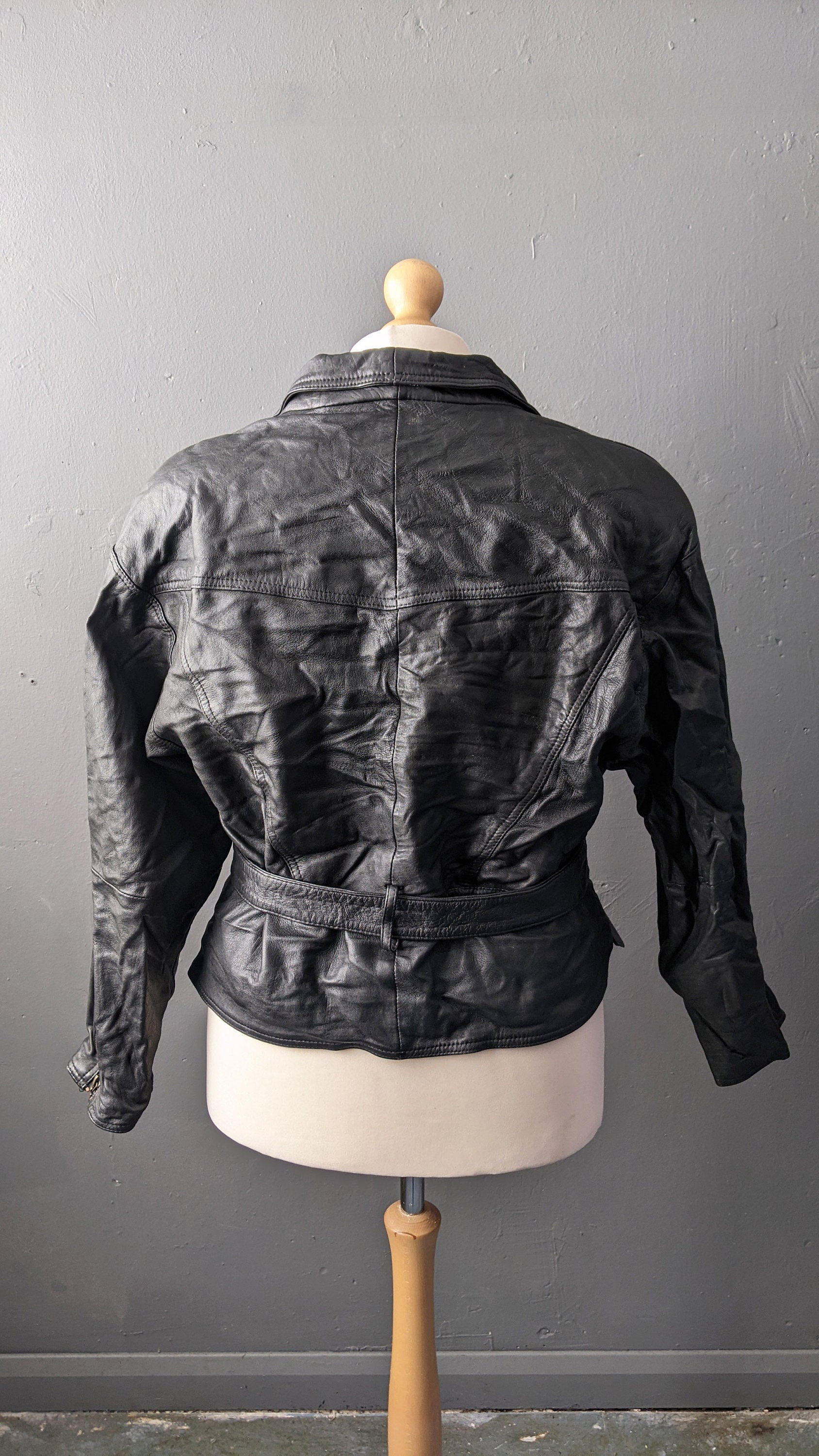 Vintage 80s Leather Coat, Eighties Batwing Biker Jacket, Size Large