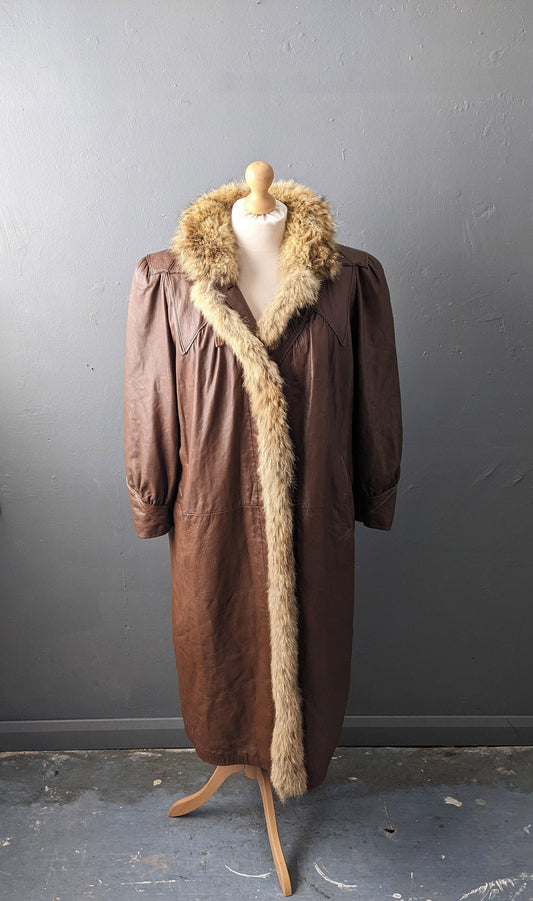 80s Fox Fur Leather Coat, Vintage Swing Jacket, Plus Size XL XXL