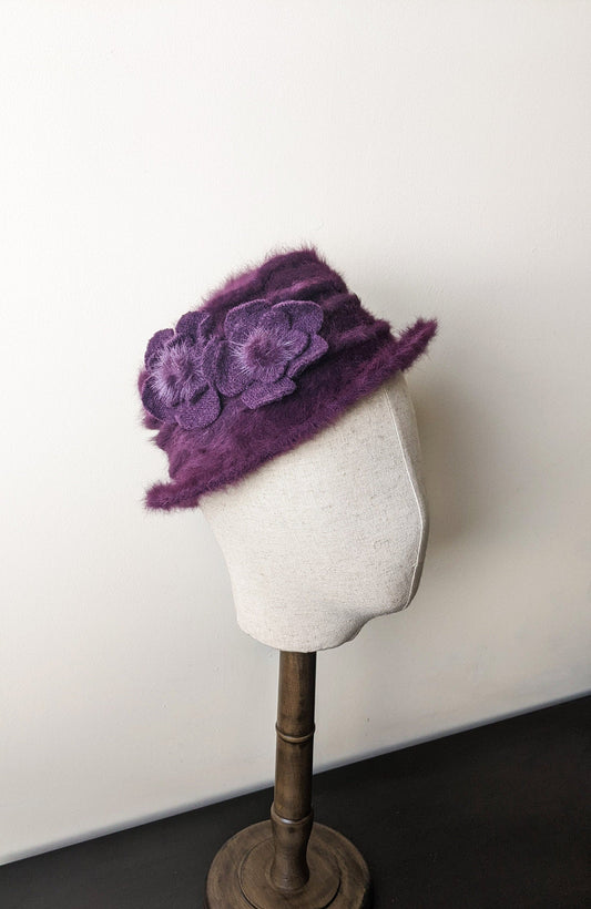 90s Fluffy Plum Angora Fur Hat, Soft Winter Headwear, Size Small