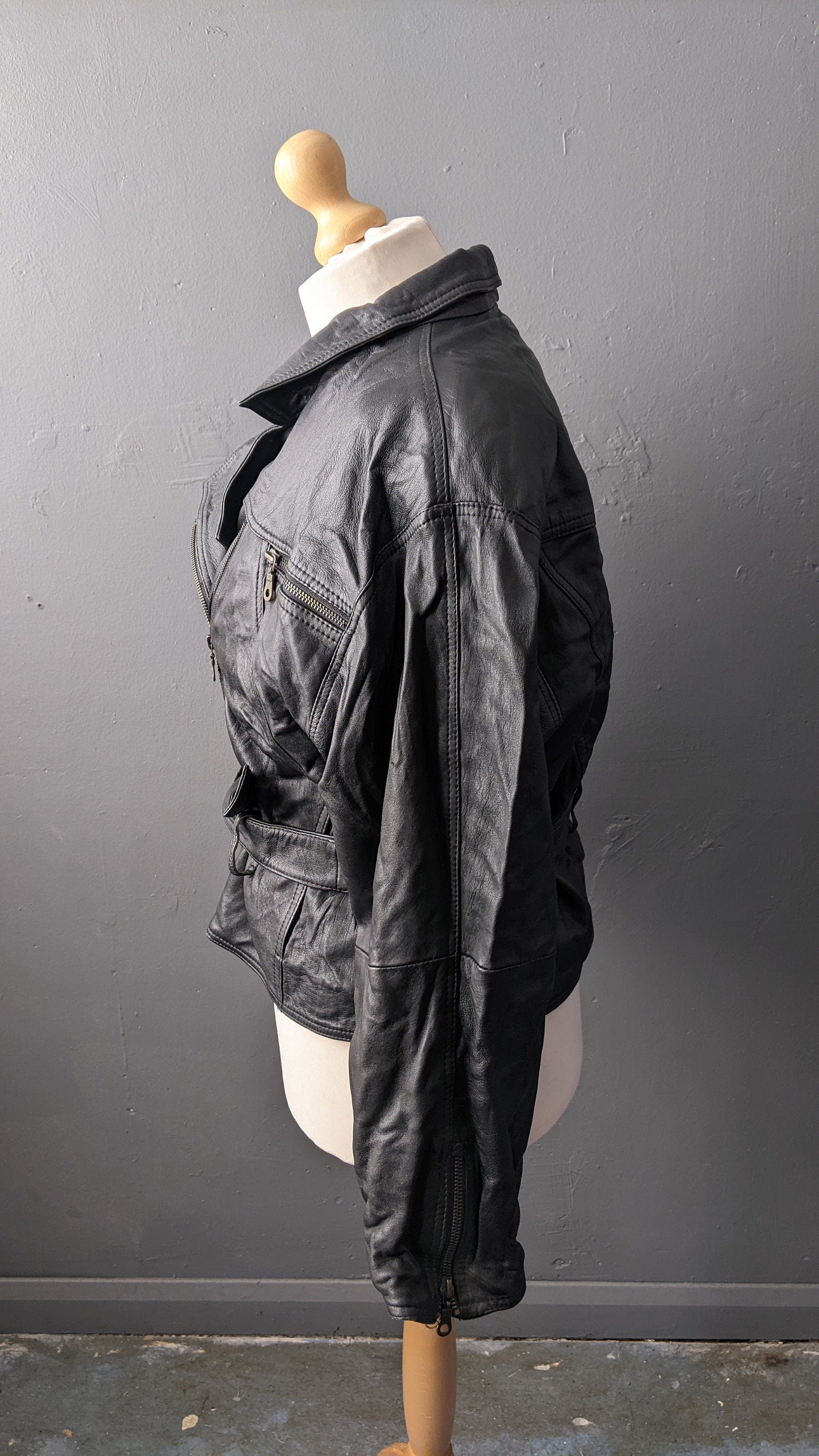 Vintage 80s Leather Coat, Eighties Batwing Biker Jacket, Size Large