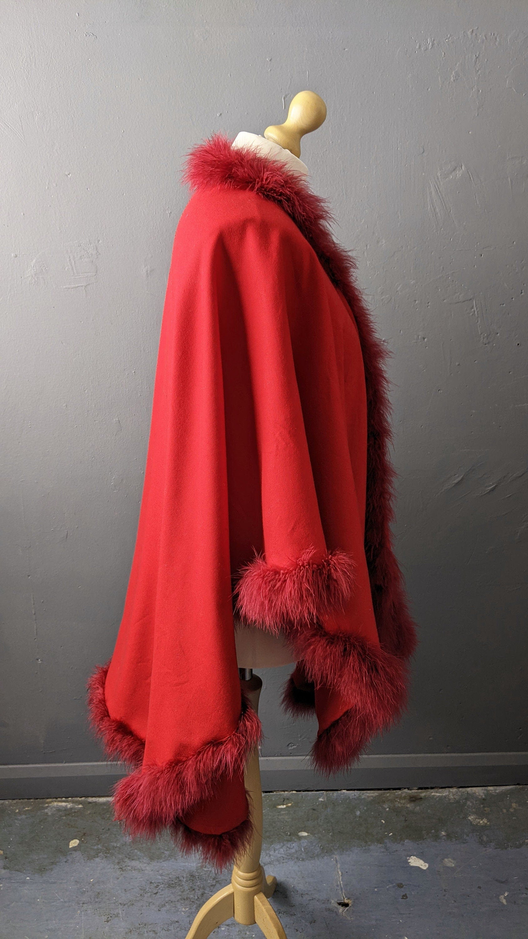 Vintage Marabou Shawl Cape, Feather Trimmed Red Cloak