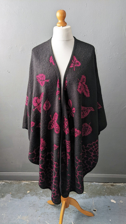 Vintage Cerise Leaf Shawl Cape, Autumnal Falling Leaves Knitwear