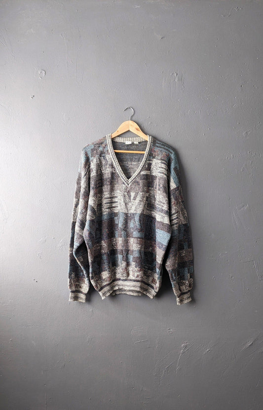 Mens 80s V Neck Jumper by Coletti Studio, Wool Blend Knit Pullover, 54 Chest