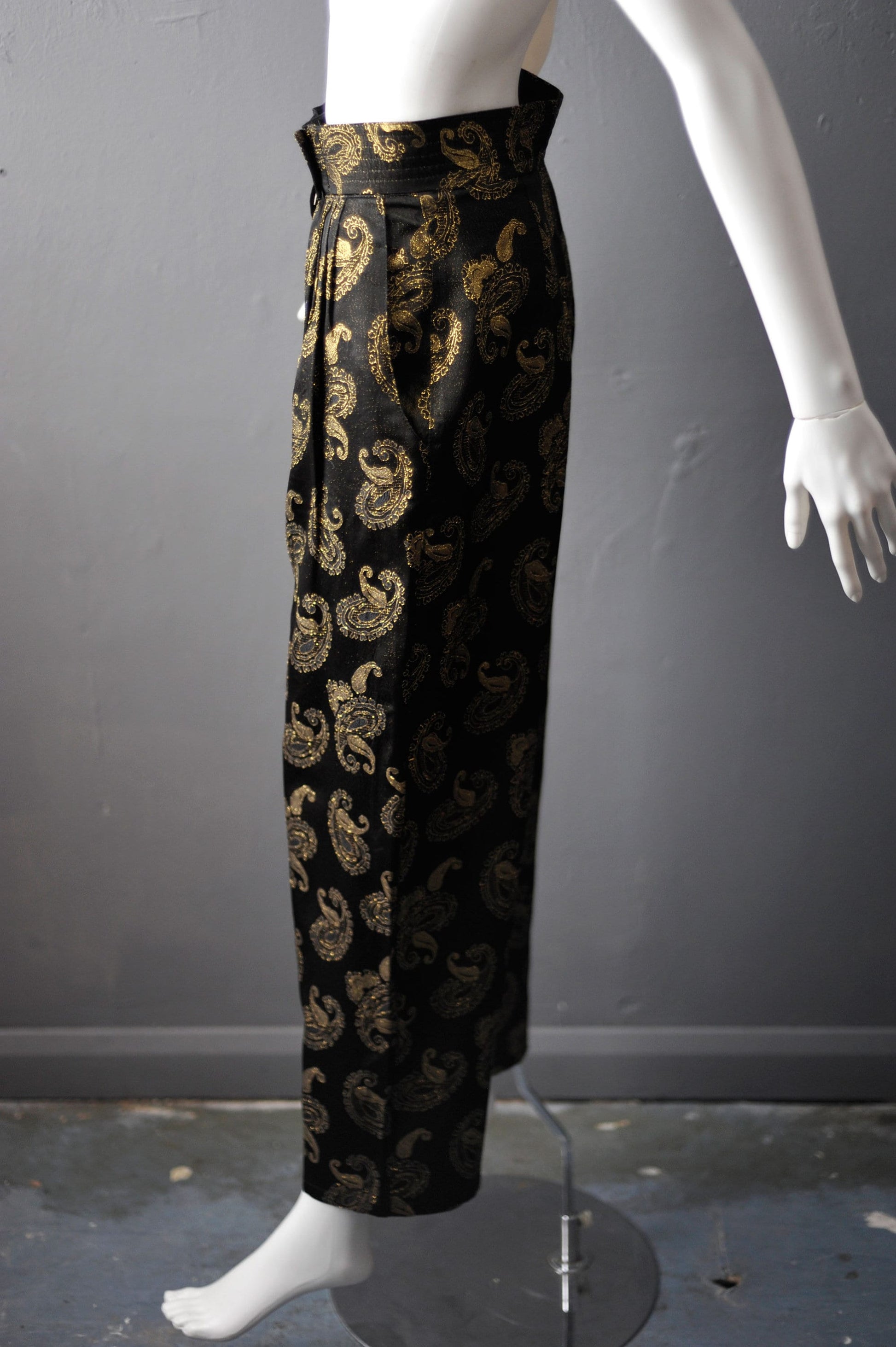 80s Paisley Brocade Trousers, Metallic Gold Eveningwear, Size Small