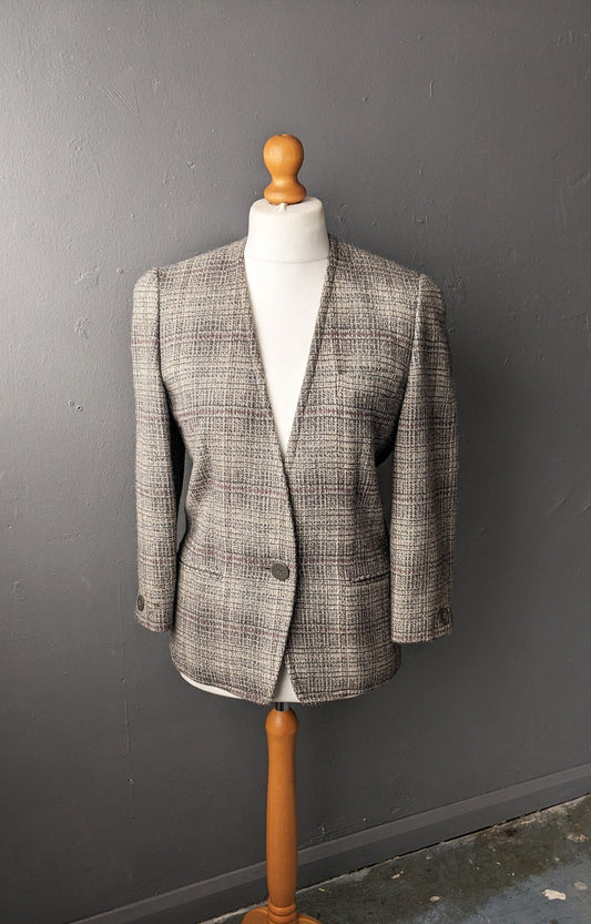 90s Wool Tweed Blazer, Collarless Check Jacket, Size Medium
