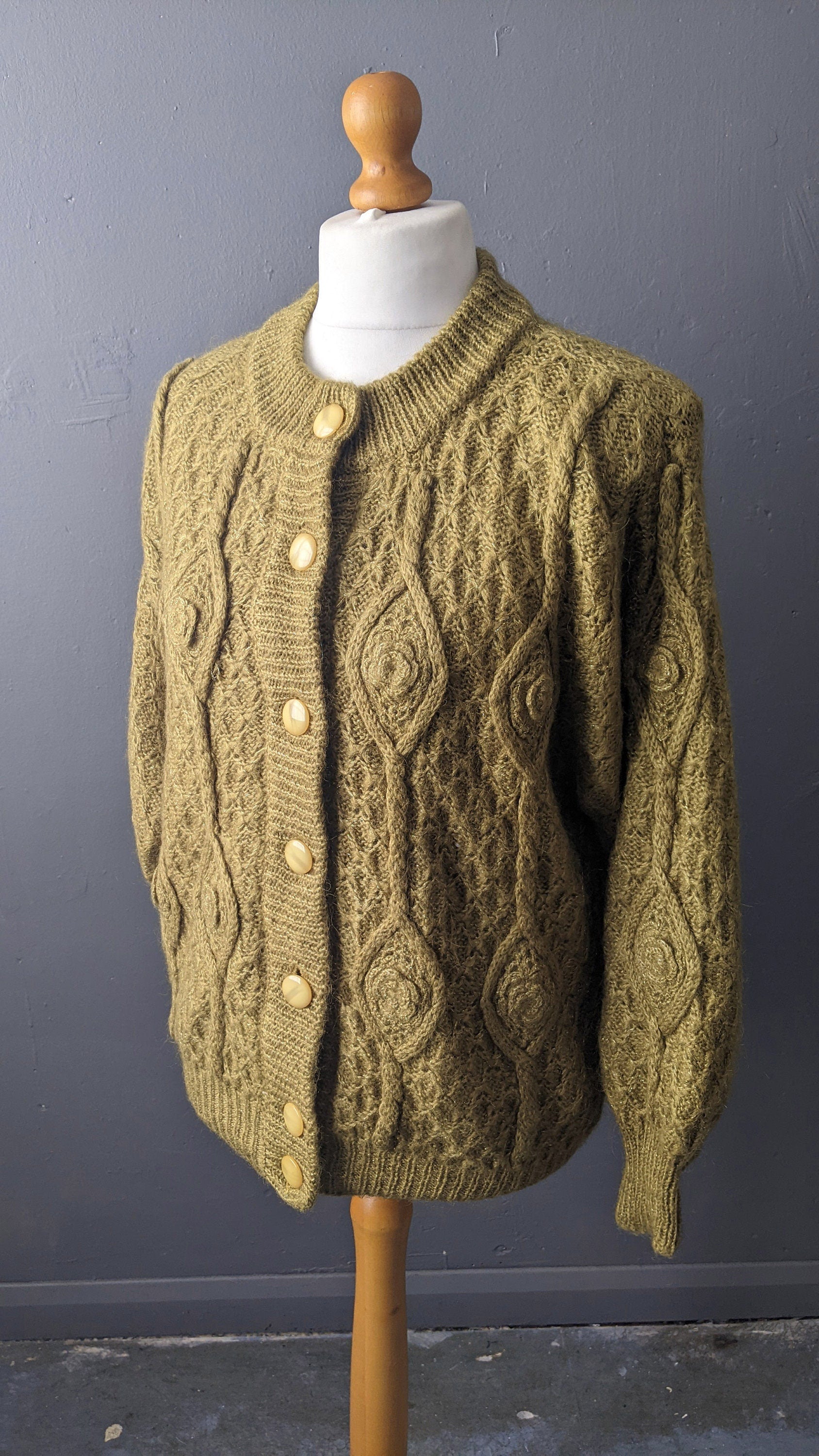 90s Olive Wool Cable Knit Cardigan, Oversized Chunky Coatigan, Size Medium Large