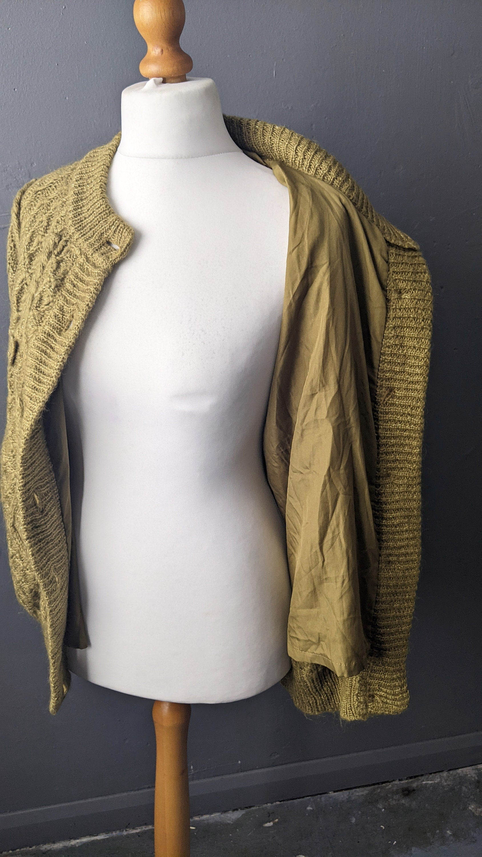 90s Olive Wool Cable Knit Cardigan, Oversized Chunky Coatigan, Size Medium Large