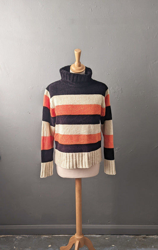 90s Autumnal Stripes Chenille Knit Jumper, Vegan High Neck Knitwear, Size Large