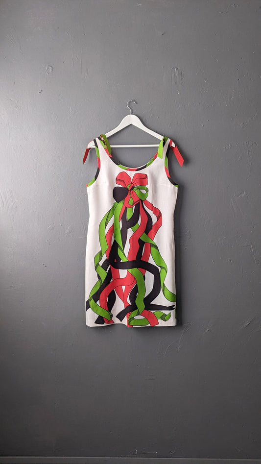 Festive Ribbon Wreath Dress, Vintage Christmas Clothing, Size Small Medium