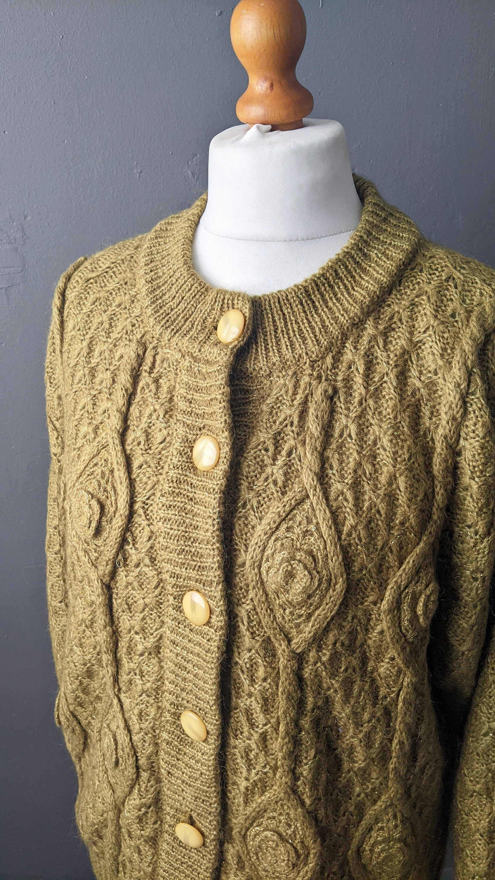 90s Olive Wool Cable Knit Cardigan, Oversized Chunky Coatigan, Size Medium Large