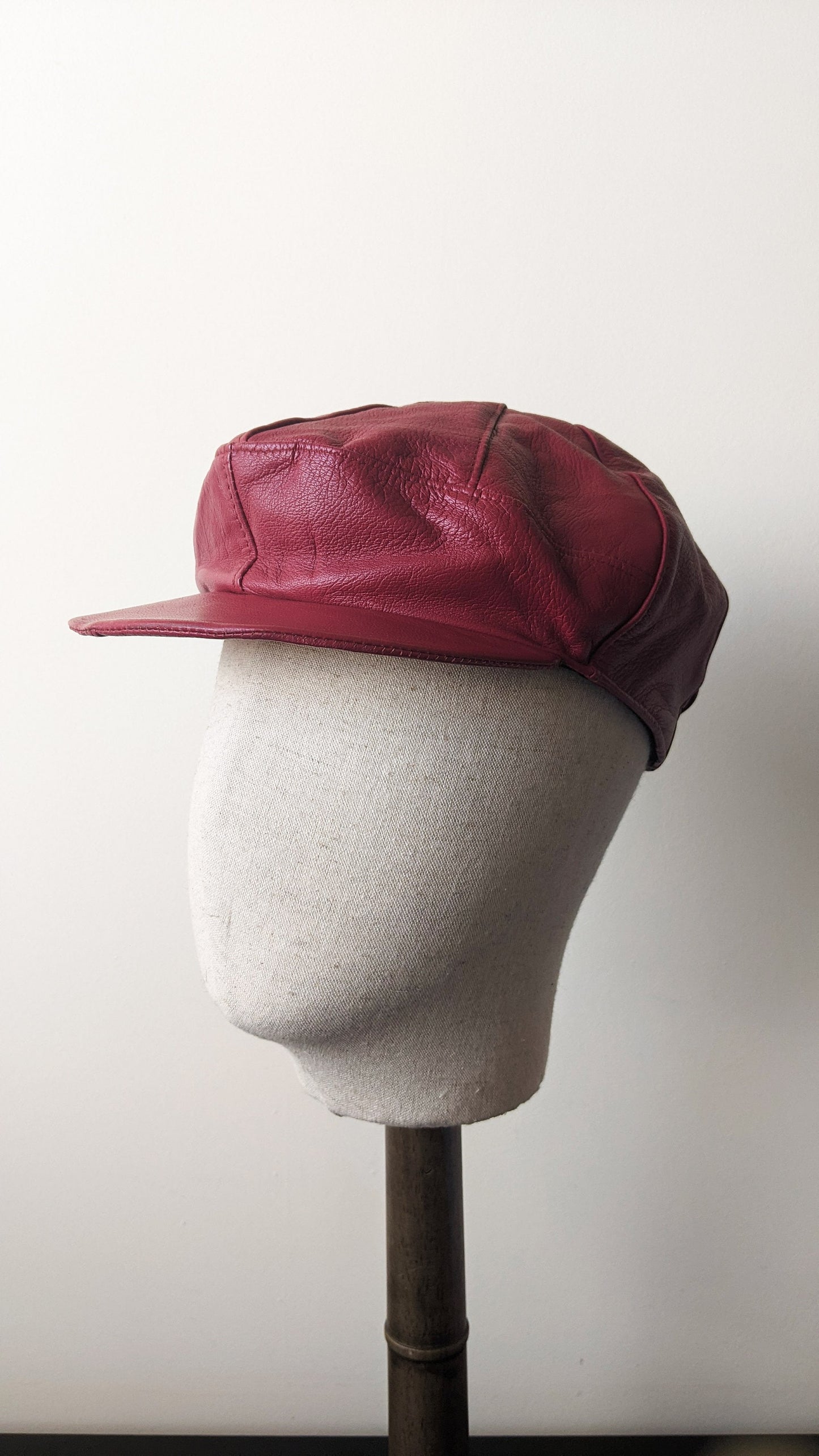 80s Oxblood Leather Cap, Baker Boy Hat, Size Small Medium