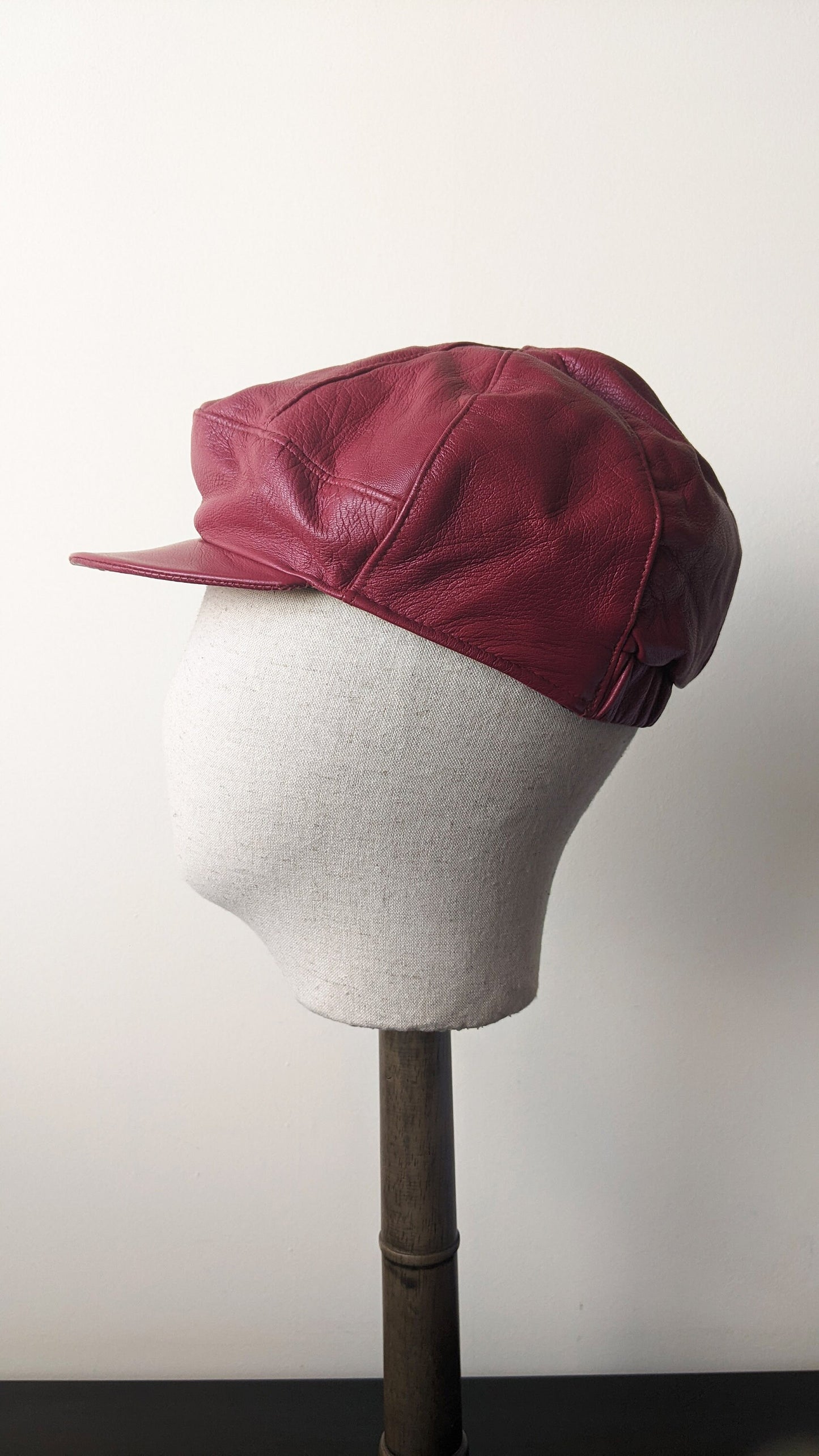 80s Oxblood Leather Cap, Baker Boy Hat, Size Small Medium