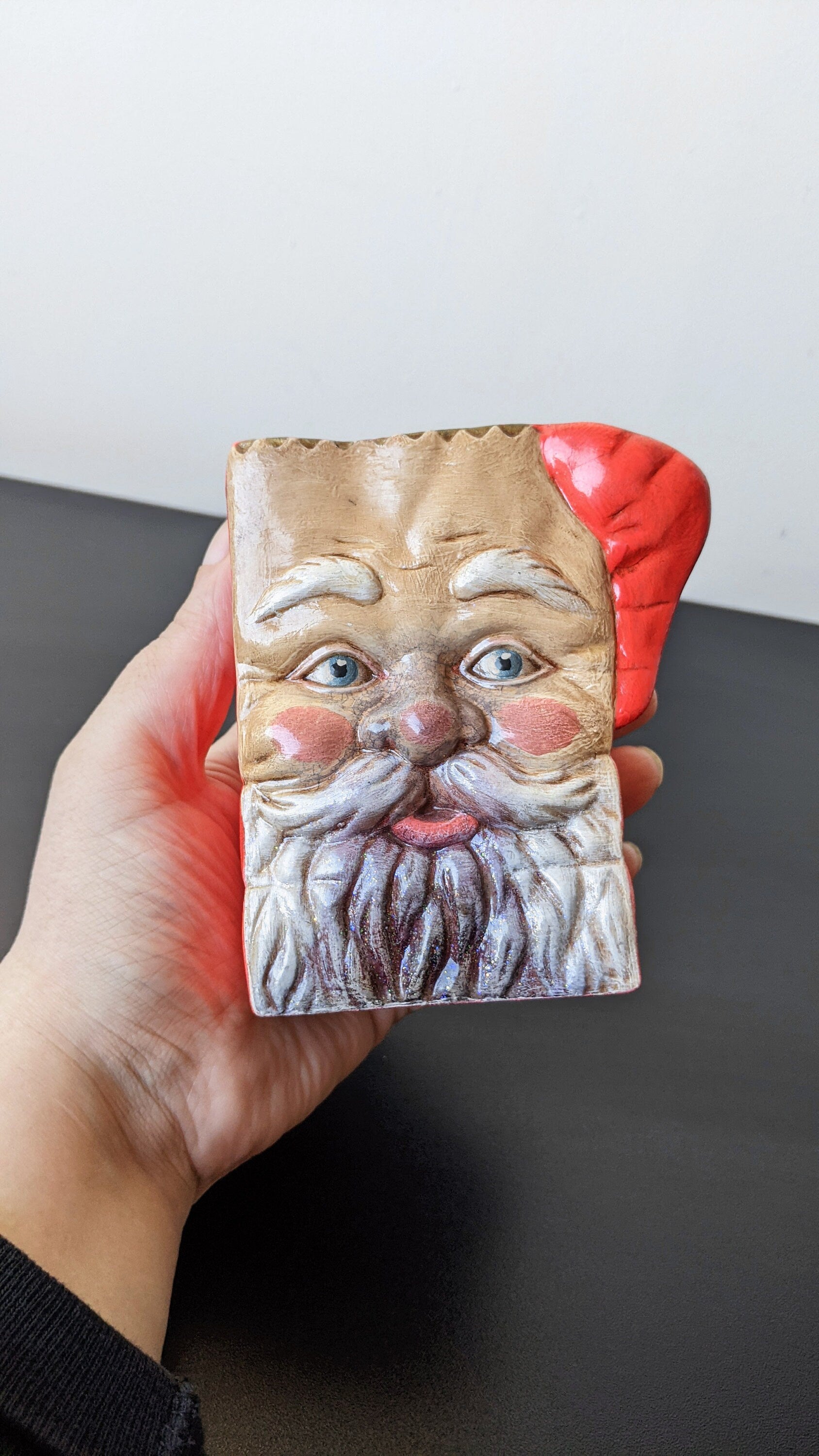 90s Sooty Santa Claus Ceramic Container, Retro Kitsch Father Christmas Decor