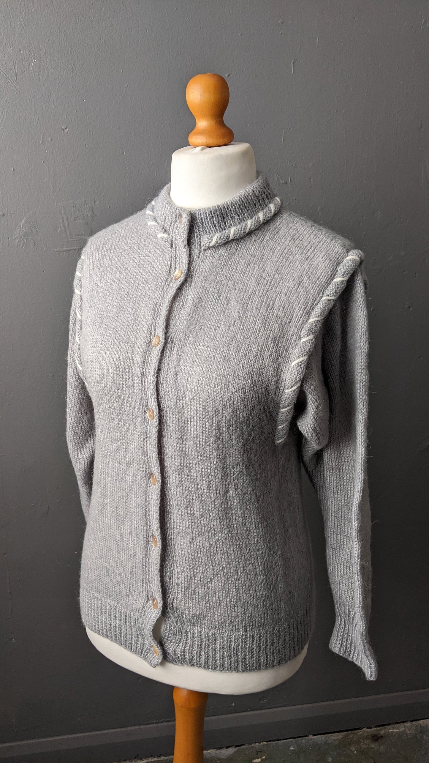 80s Soft Grey Cardigan, Vintage Handmade Knit, Size Small