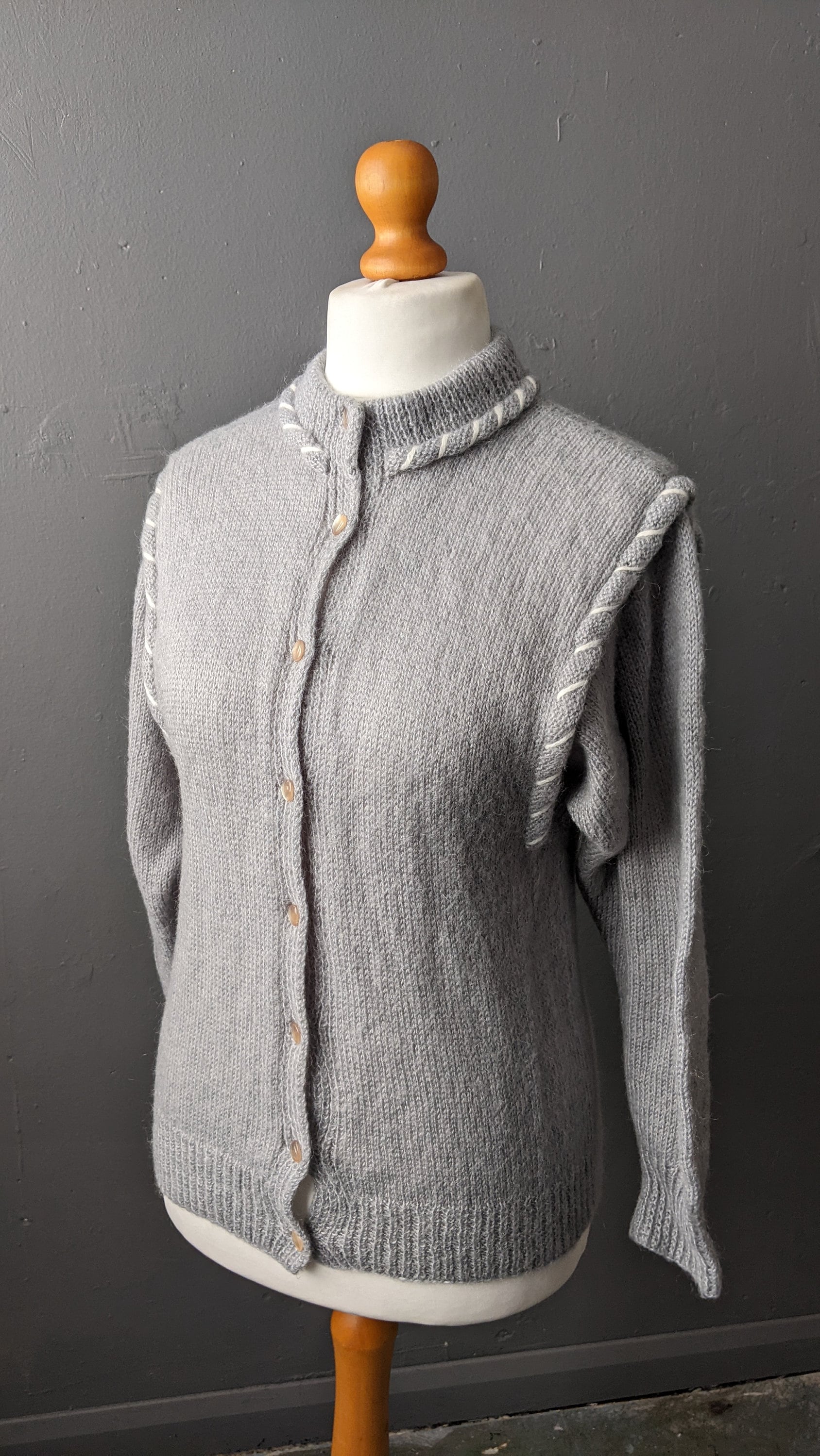 80s Soft Grey Cardigan, Vintage Handmade Knit, Size Small