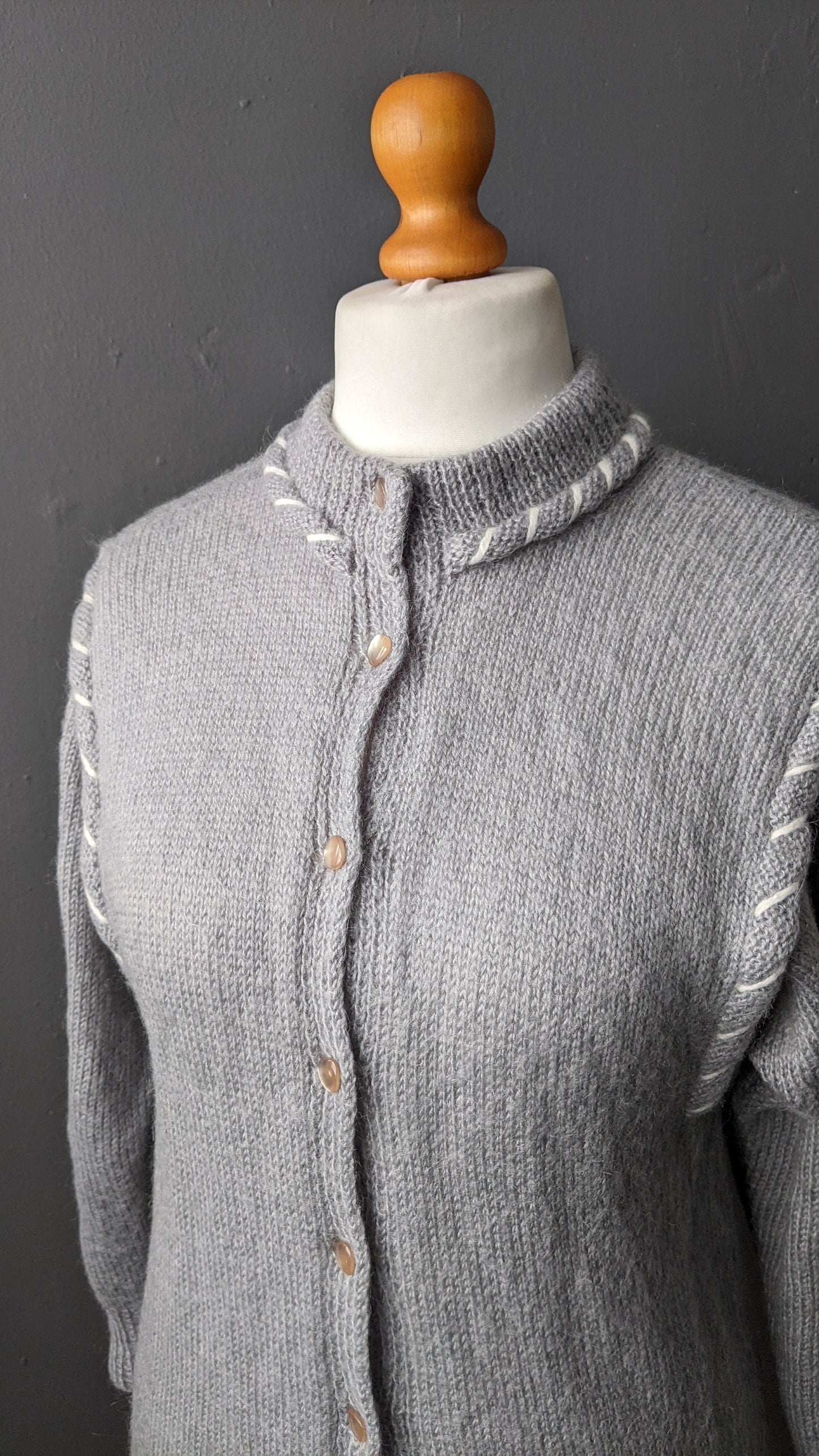 80s Soft Grey Cardigan, Vintage Handmade Knit, Size Small