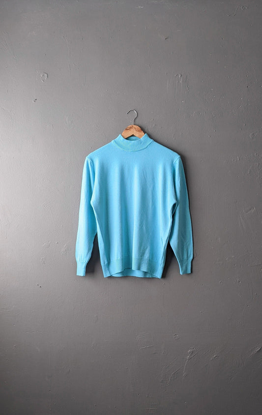 90s Aqua Blue High Neck Jumper, Wool Blend Pullover, Size Medium Large