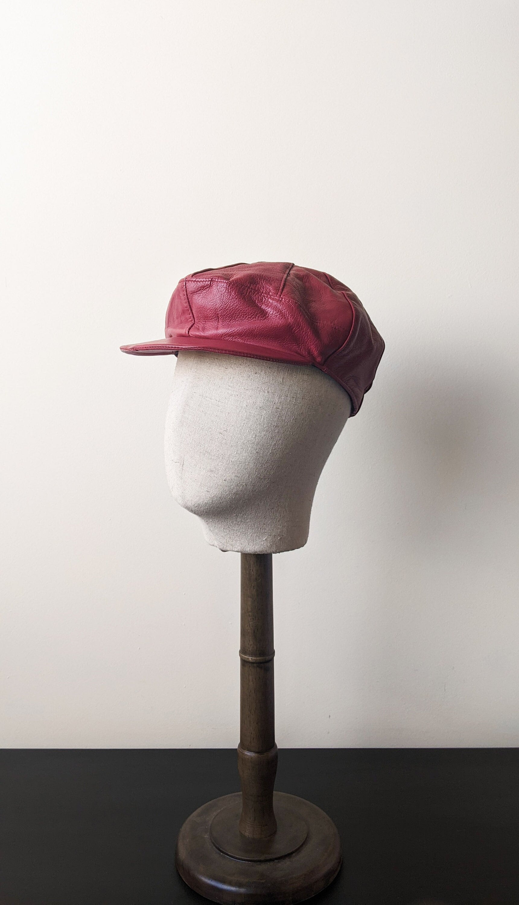 80s Oxblood Leather Cap, Baker Boy Hat, Size Small Medium