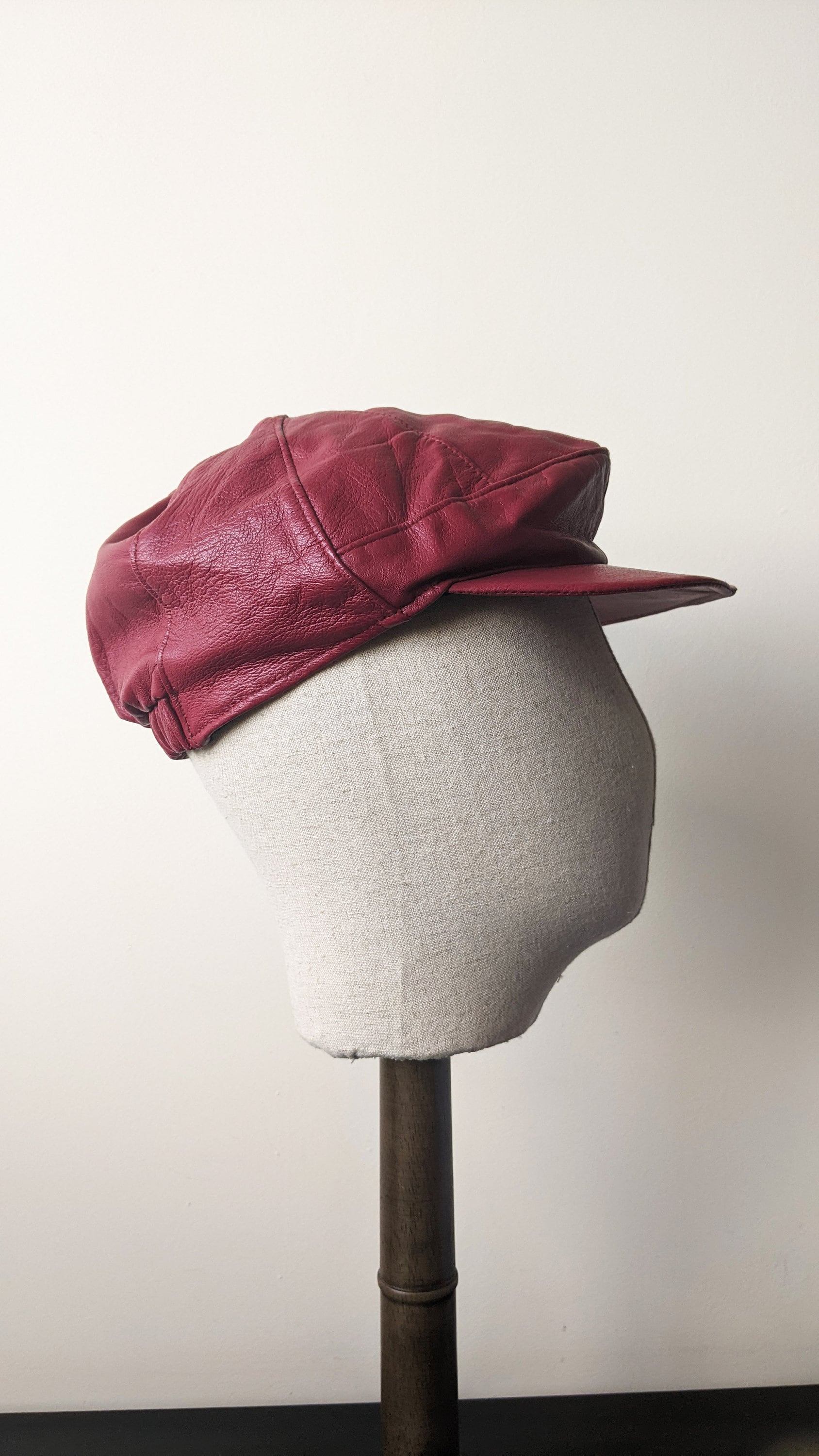 80s Oxblood Leather Cap, Baker Boy Hat, Size Small Medium