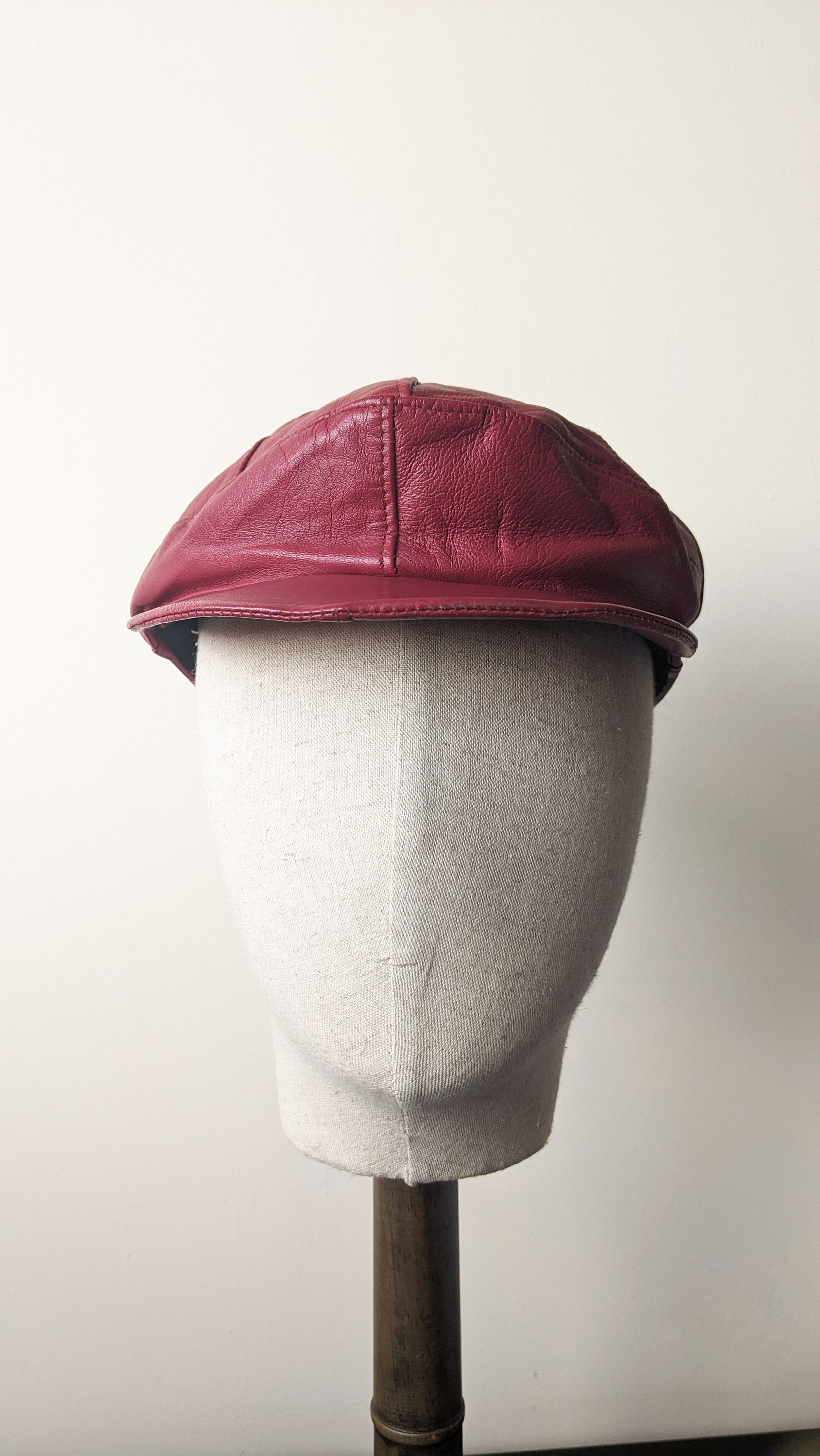 80s Oxblood Leather Cap, Baker Boy Hat, Size Small Medium