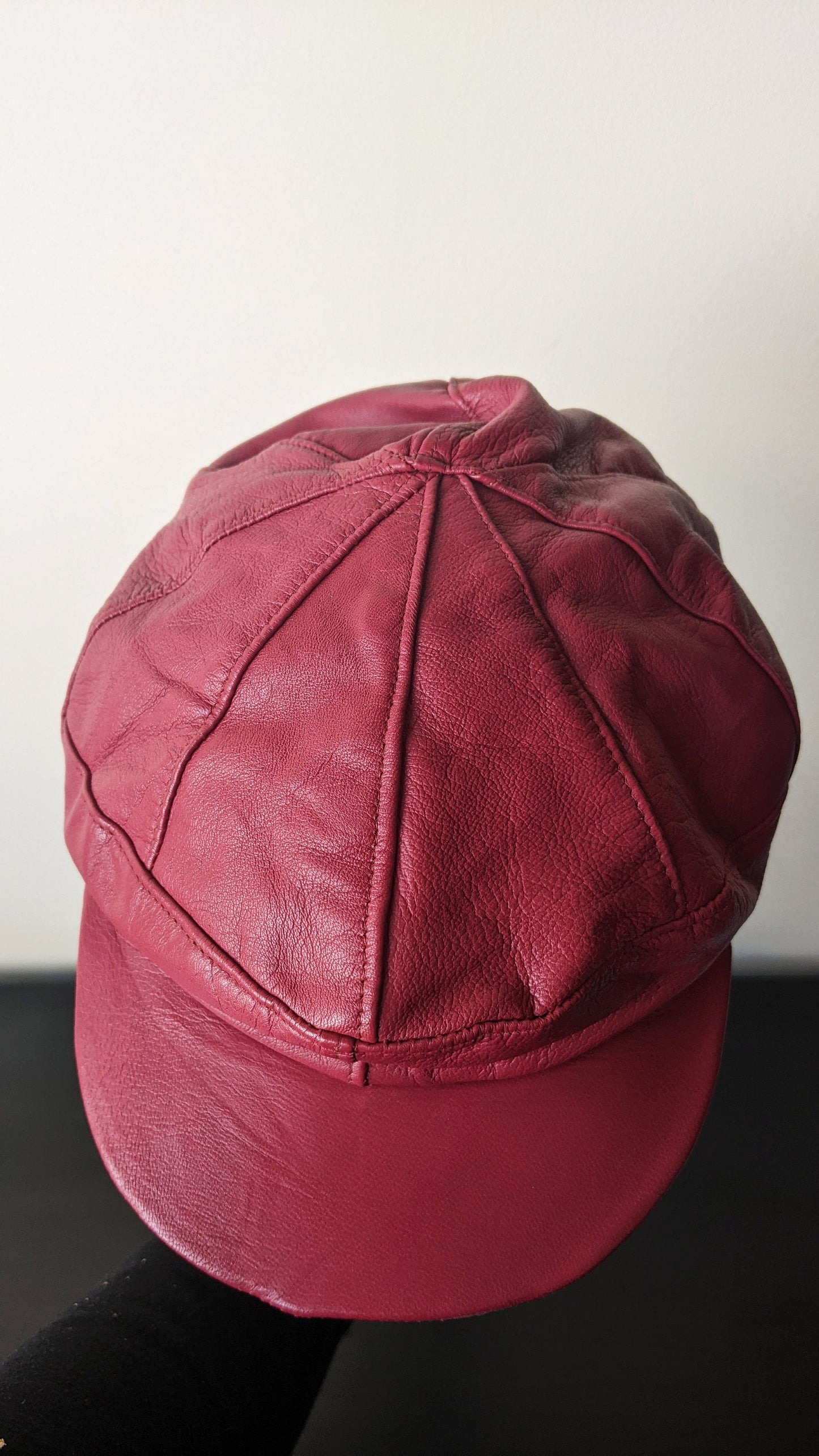 80s Oxblood Leather Cap, Baker Boy Hat, Size Small Medium