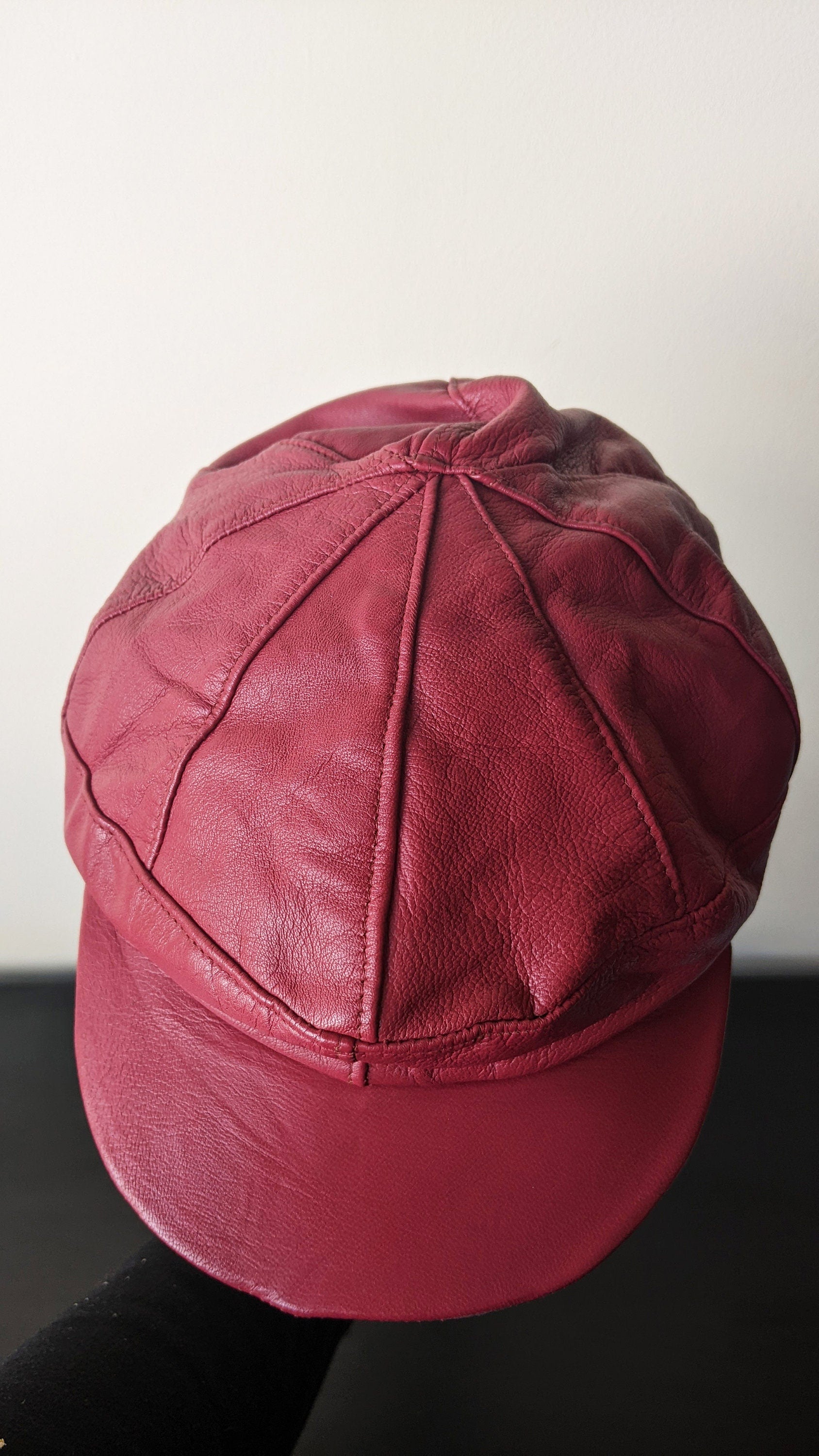 80s Oxblood Leather Cap, Baker Boy Hat, Size Small Medium