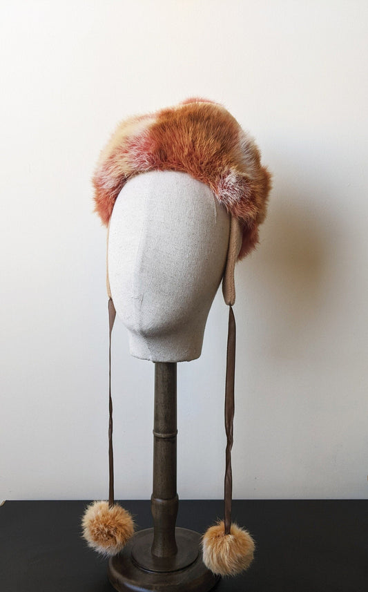 90s Russian Fur Hat with Ear Flaps and Pom Poms, Size Petite XS