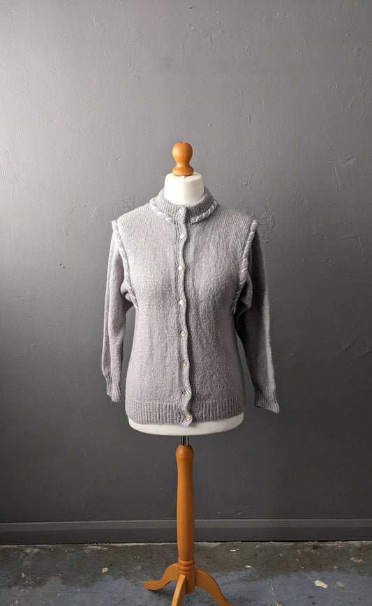 80s Soft Grey Cardigan, Vintage Handmade Knit, Size Small