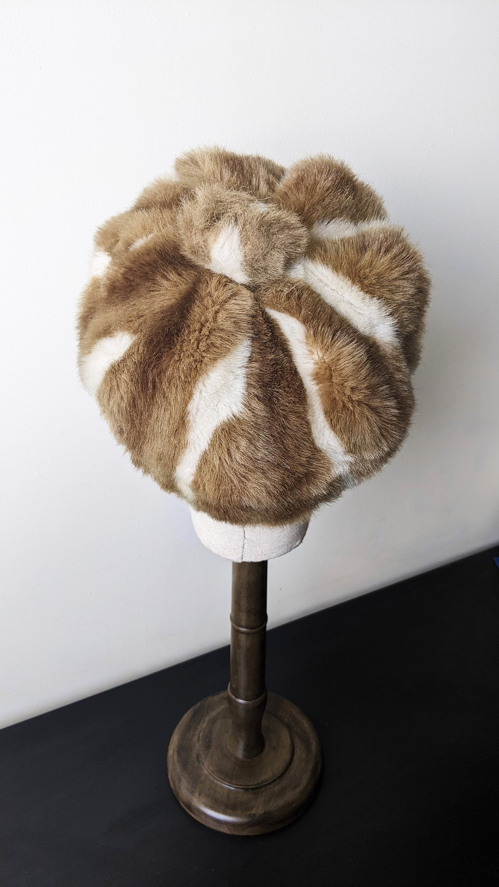 90s Striped Fake Fur Cap, Furry Winter Hat, Size Medium