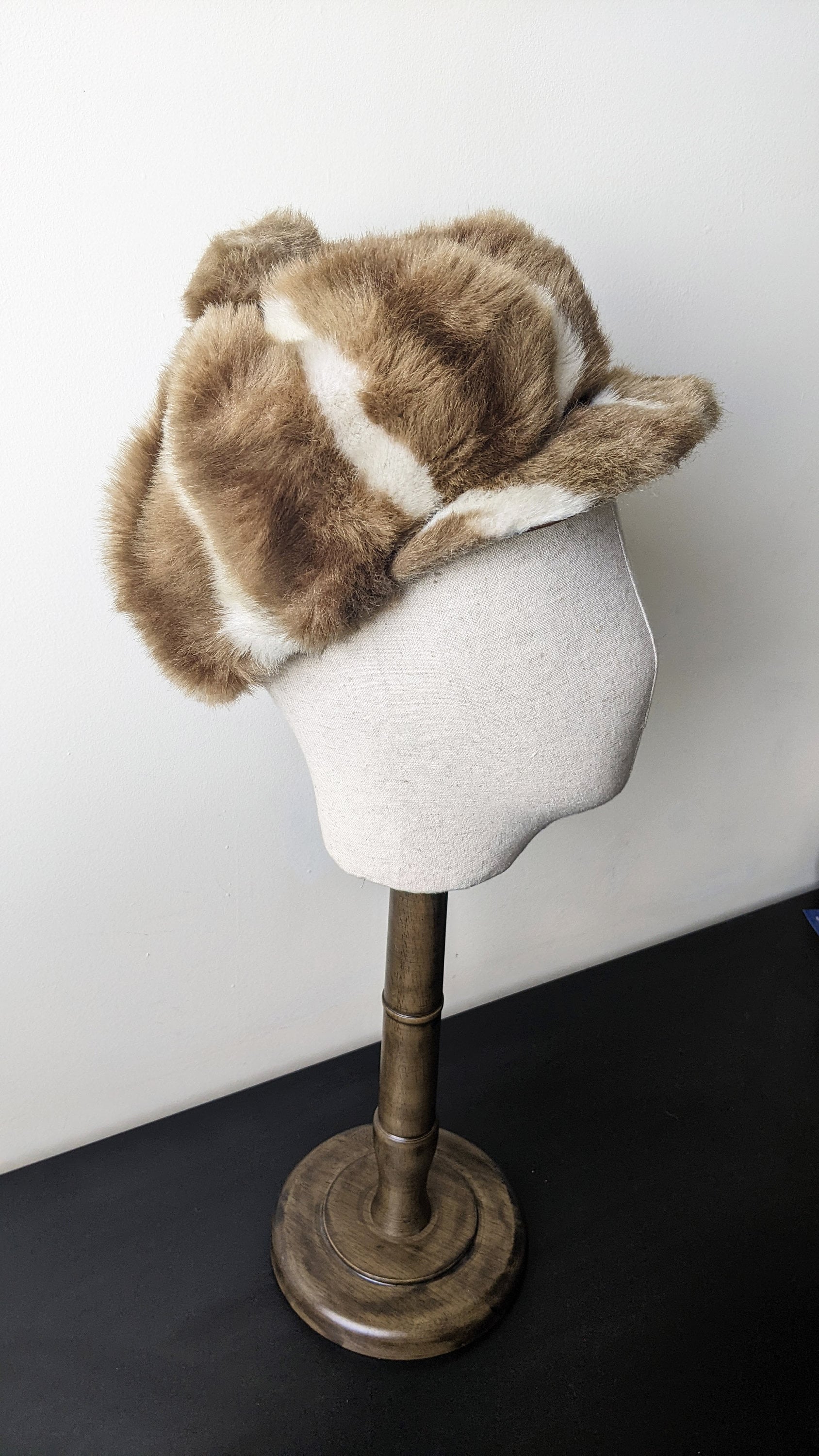 90s Striped Fake Fur Cap, Furry Winter Hat, Size Medium
