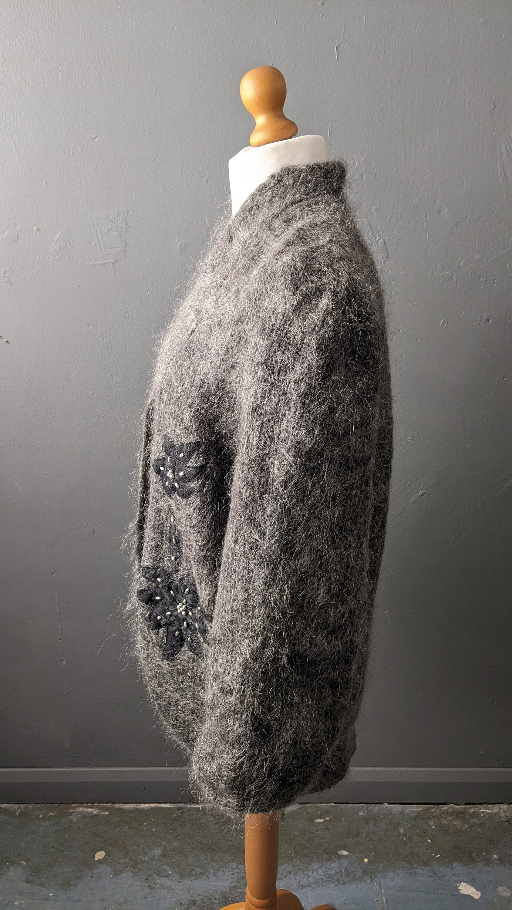 80s Embellished Mohair Cardigan, Beaded Cocoon Coatigan, Size Medium
