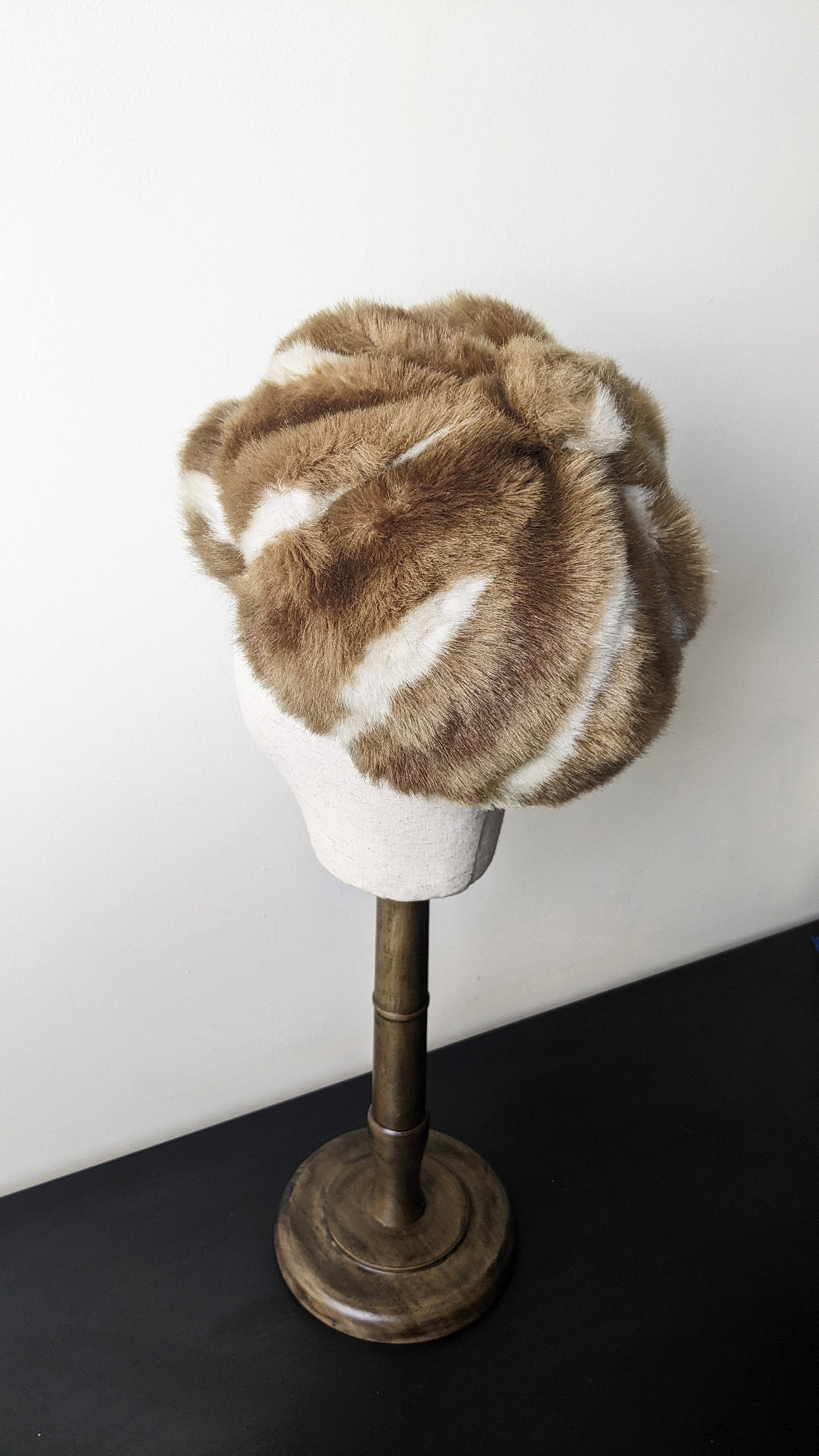 90s Striped Fake Fur Cap, Furry Winter Hat, Size Medium