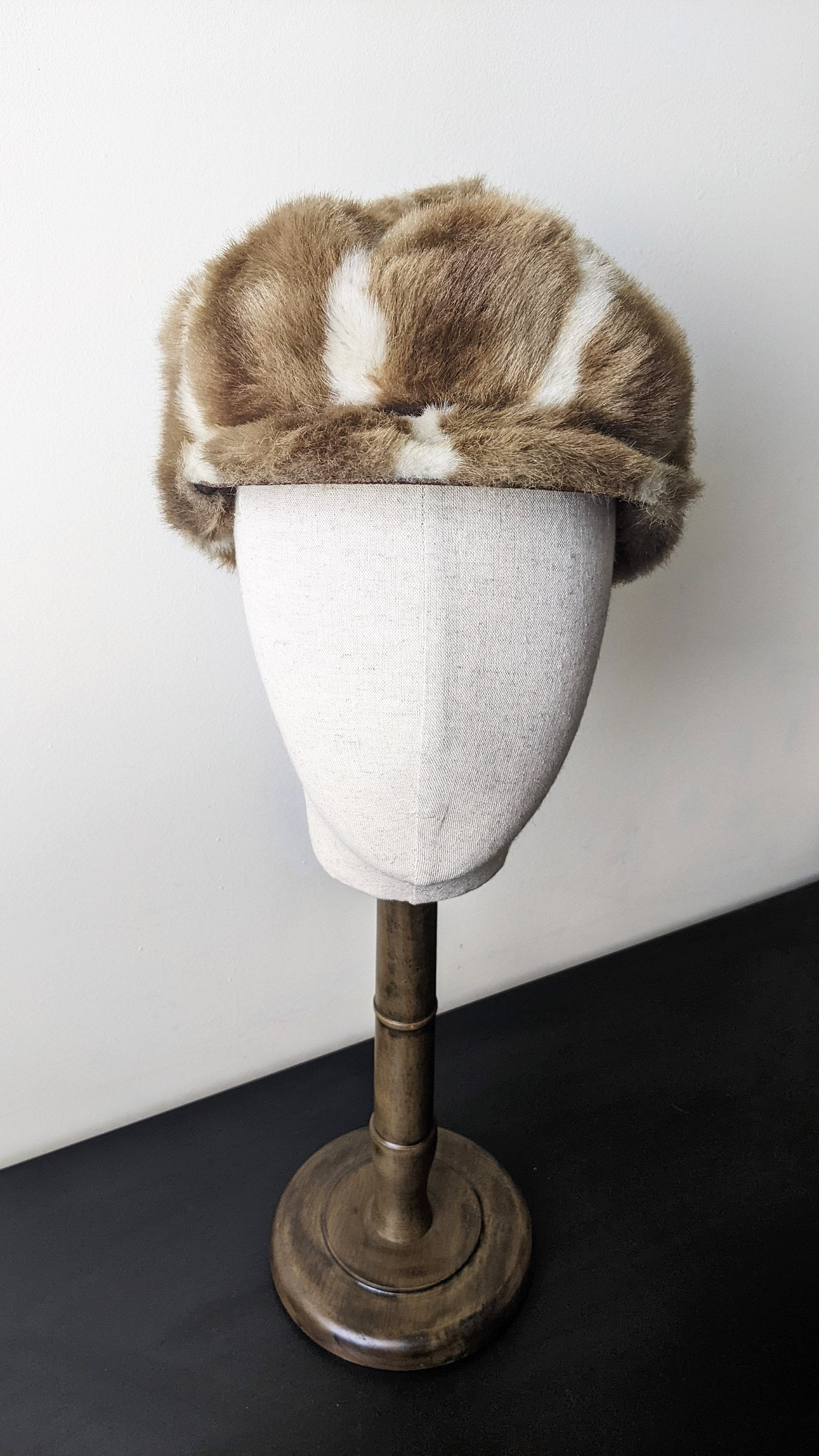 90s Striped Fake Fur Cap, Furry Winter Hat, Size Medium