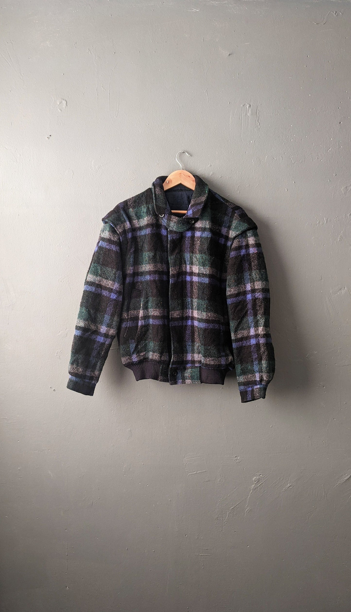 80s Tartan Wool Bomber Jacket by Melka, Plaid Check Coat, Size XL 48 Chest