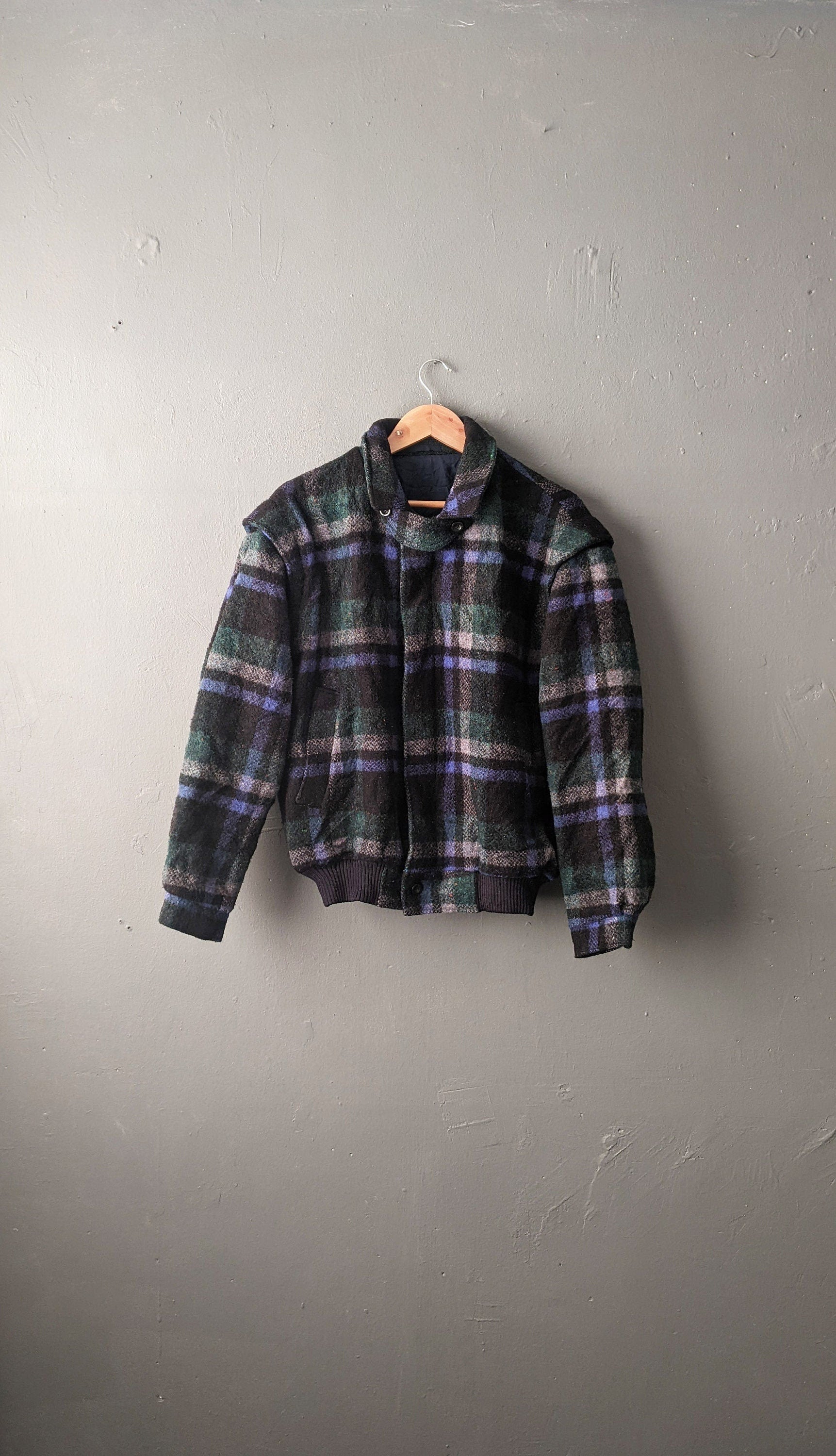 80s Tartan Wool Bomber Jacket by Melka, Plaid Check Coat, Size XL 48 Chest