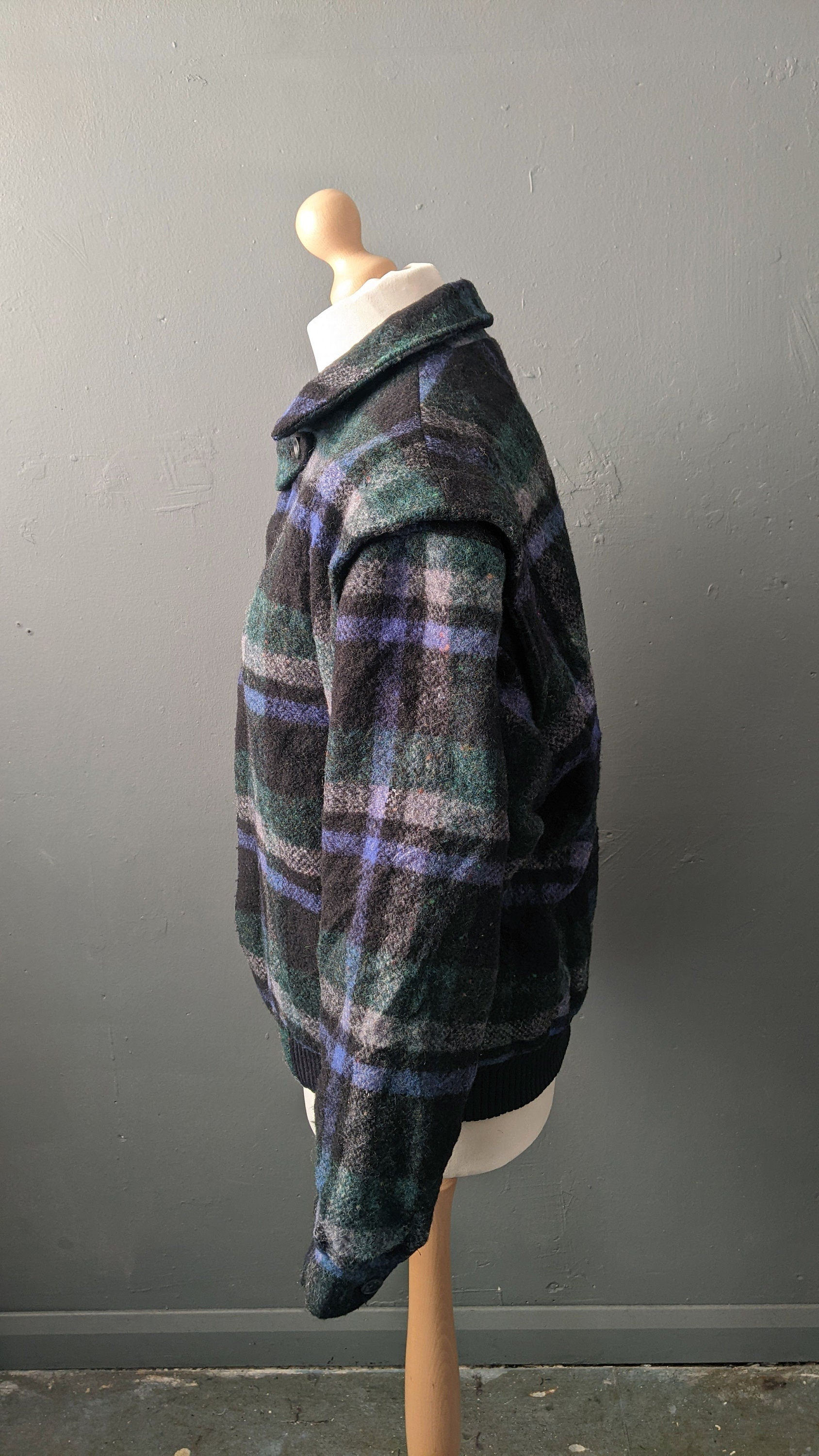 80s Tartan Wool Bomber Jacket by Melka, Plaid Check Coat, Size XL 48 Chest