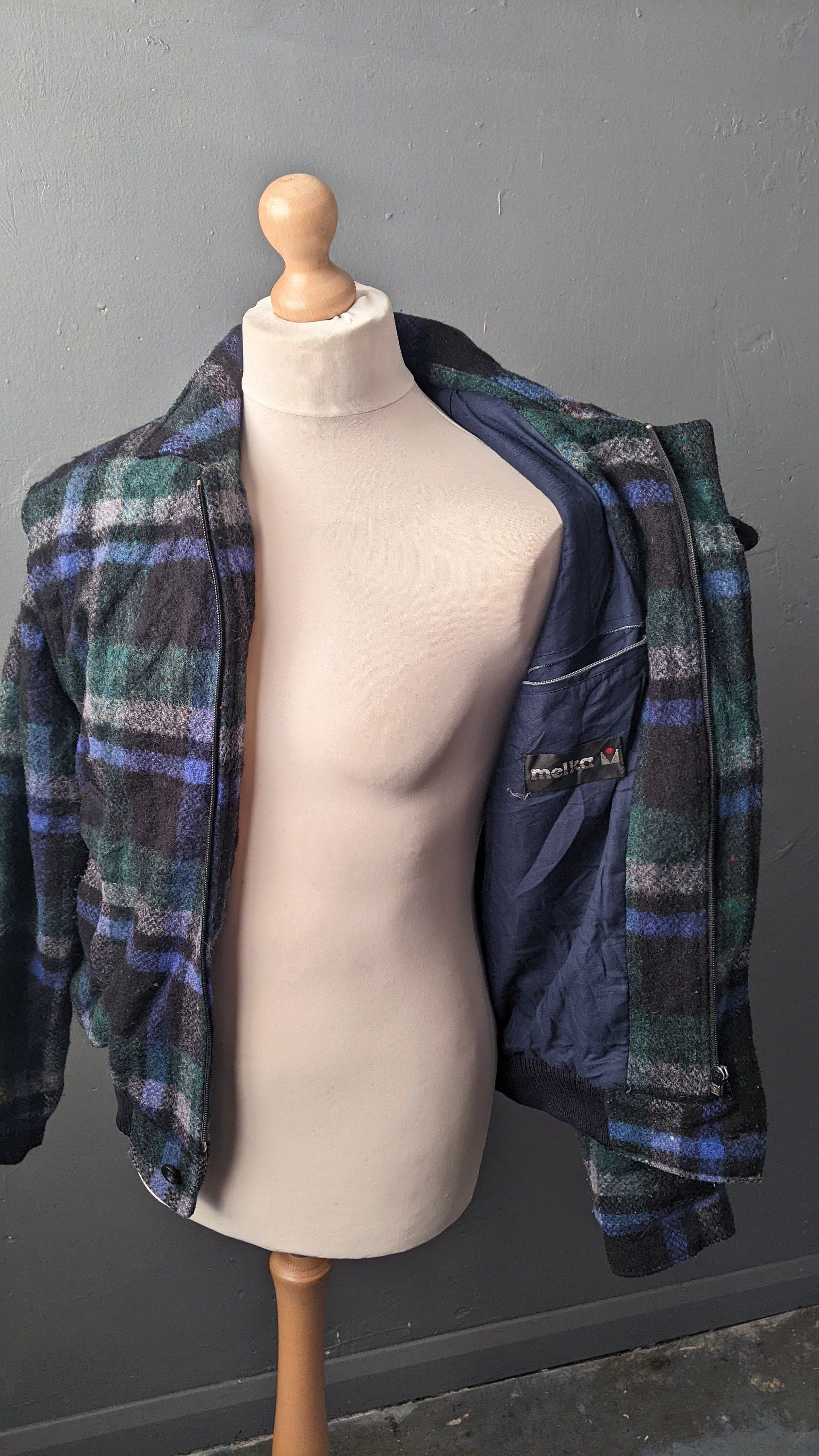 80s Tartan Wool Bomber Jacket by Melka, Plaid Check Coat, Size XL 48 Chest