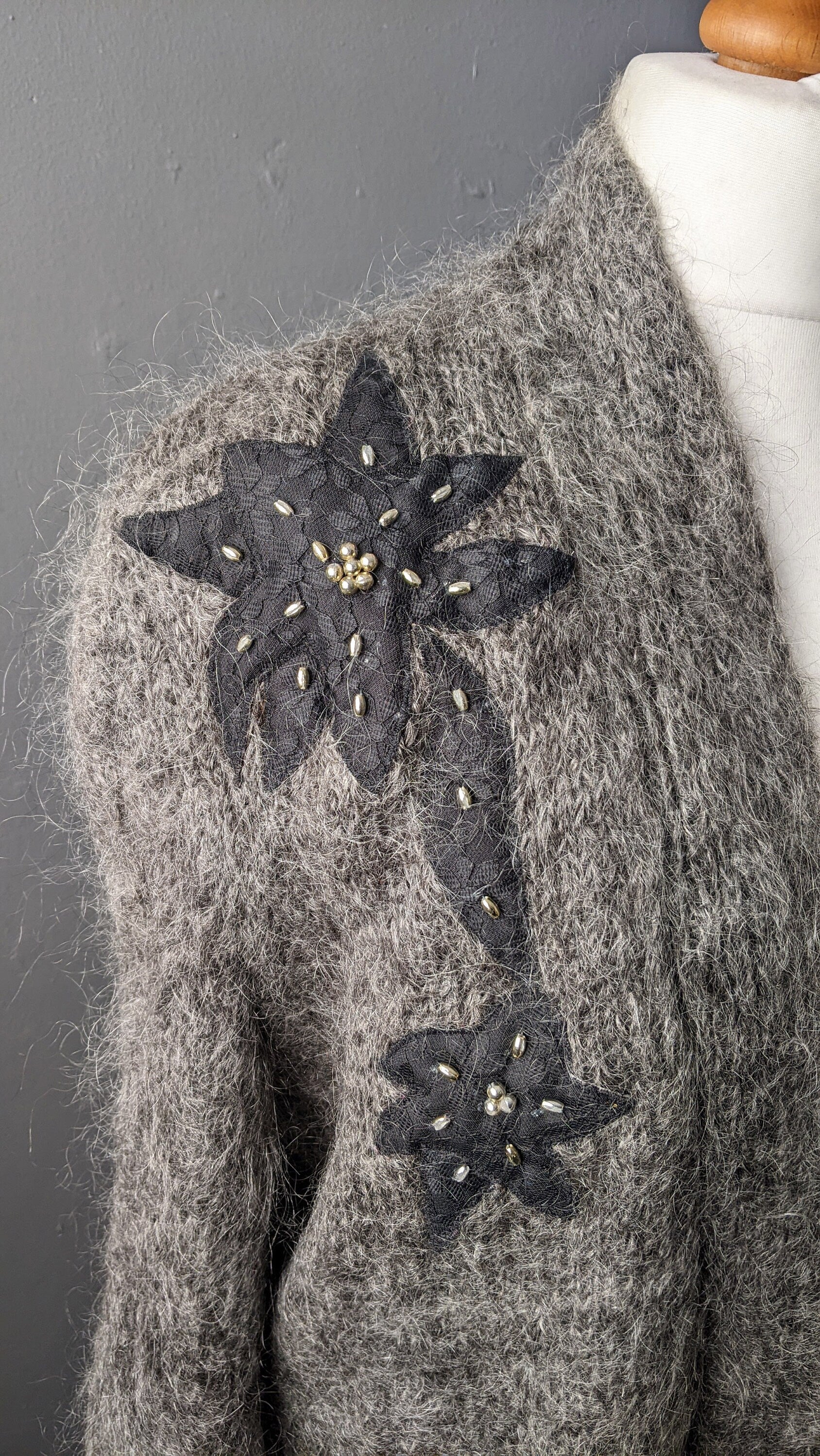 80s Embellished Mohair Cardigan, Beaded Cocoon Coatigan, Size Medium