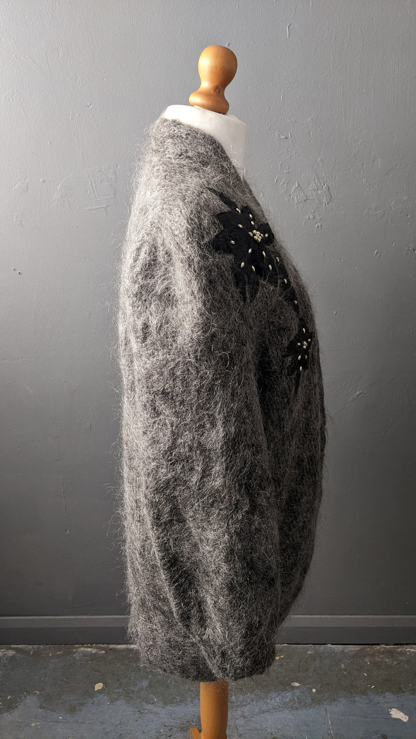 80s Embellished Mohair Cardigan, Beaded Cocoon Coatigan, Size Medium