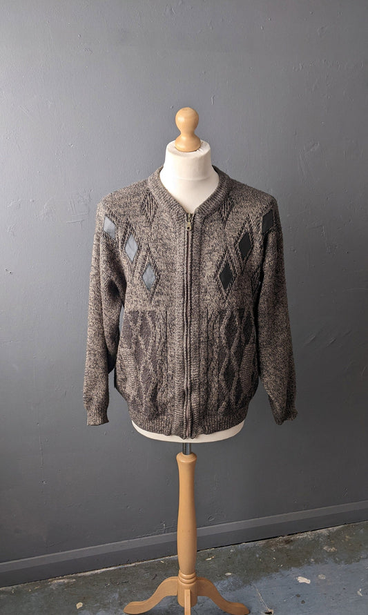 80s Mens Zip Front Cardigan with Diamond Leatherette Patches, Grandpa Knitwear, Size Large 46 Chest